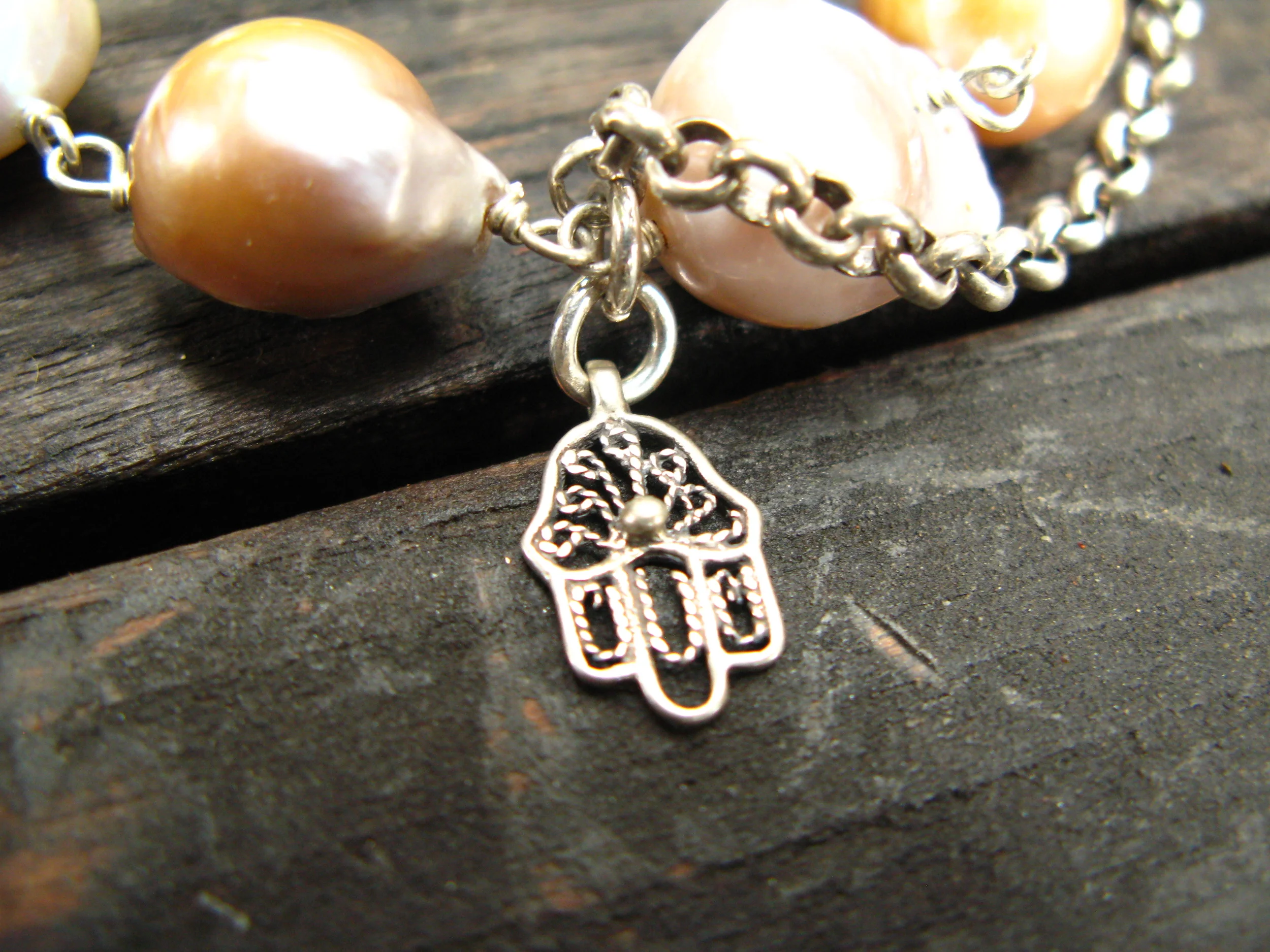 Light Pearl Charm Bracelet Hamsa Charm Close Up