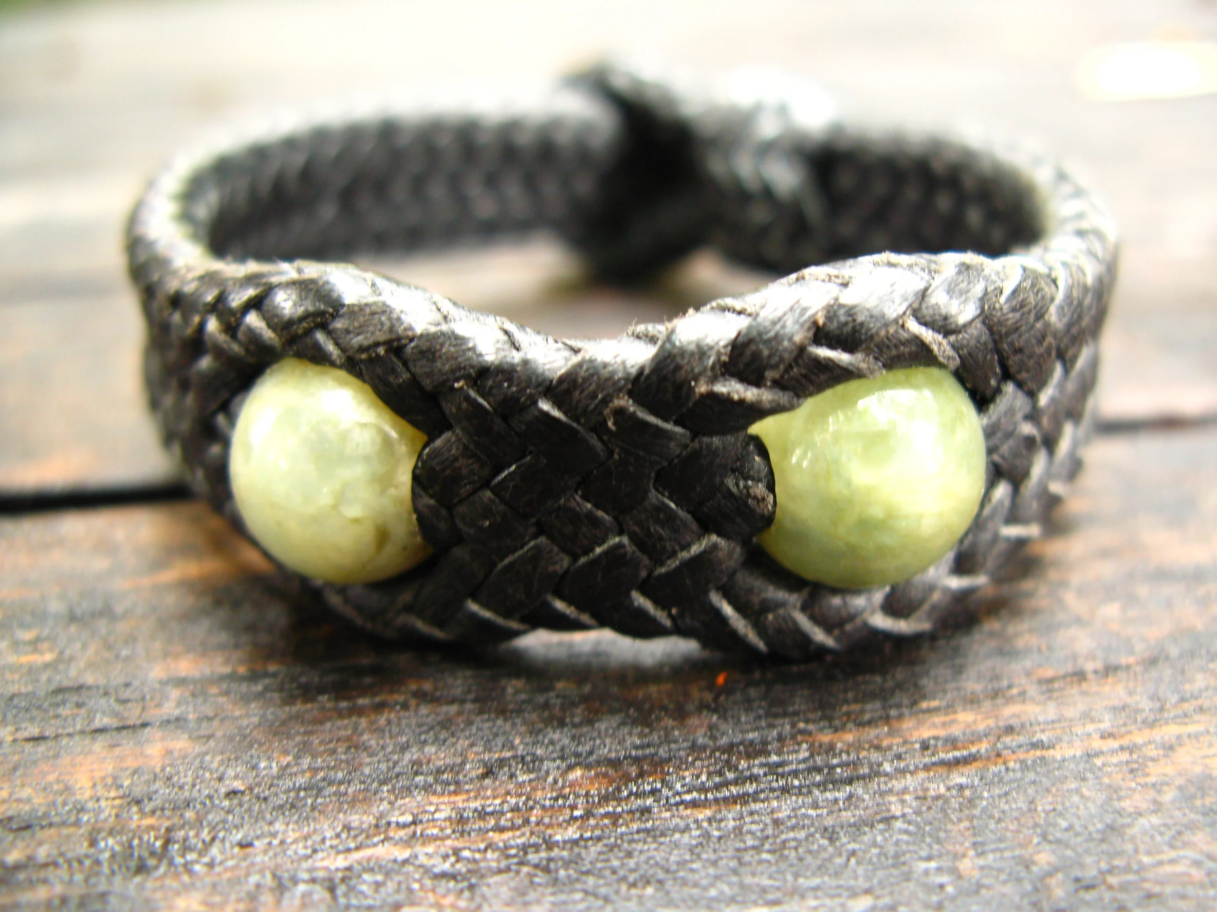 Leather Woven Bracelet with Jade Beads Front