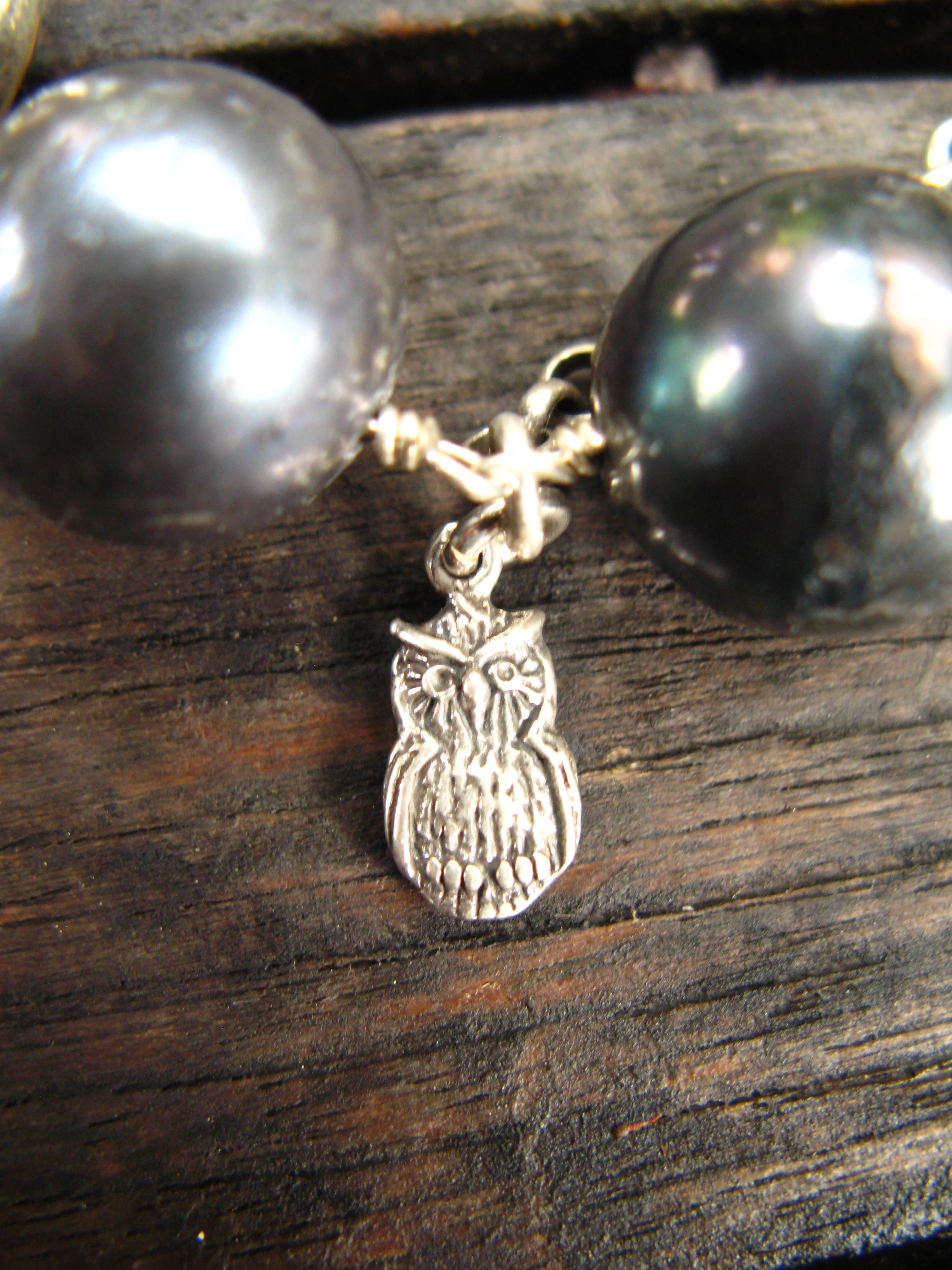 Black Pearl Owl Charm Bracelet Close Up Owl