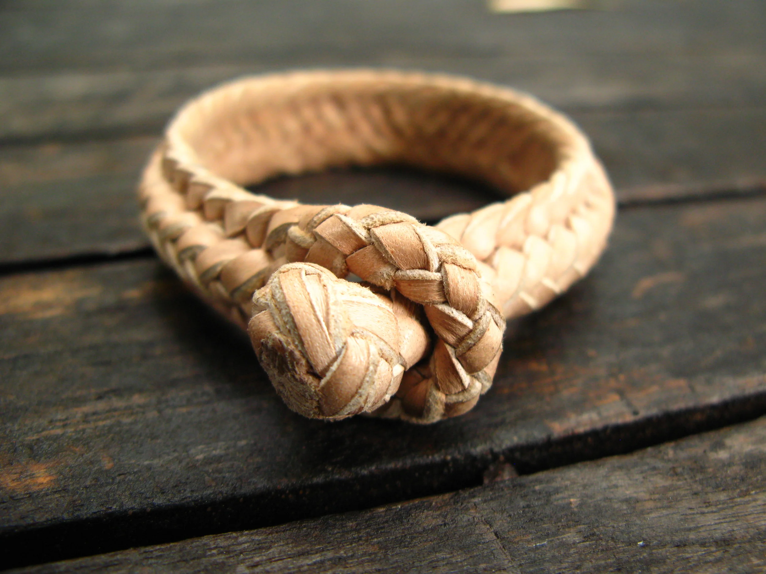 Beige Woven Leather Bracelet Close Up Clasp