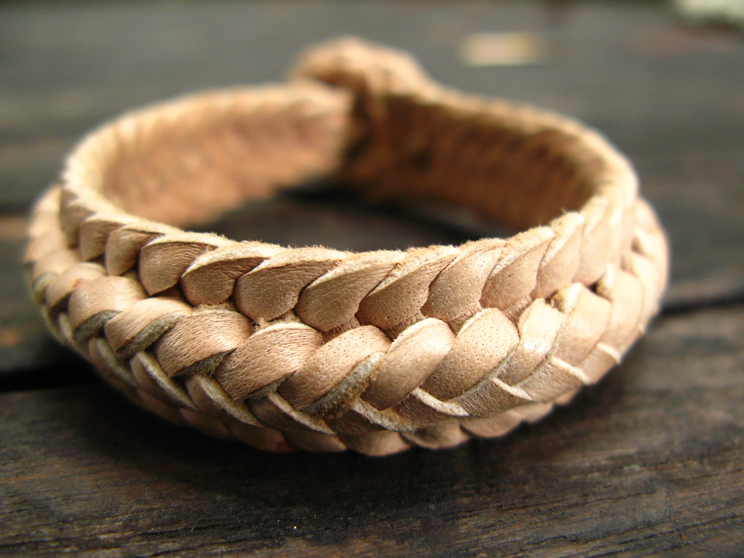 Beige Woven Leather Bracelet Close Up Front