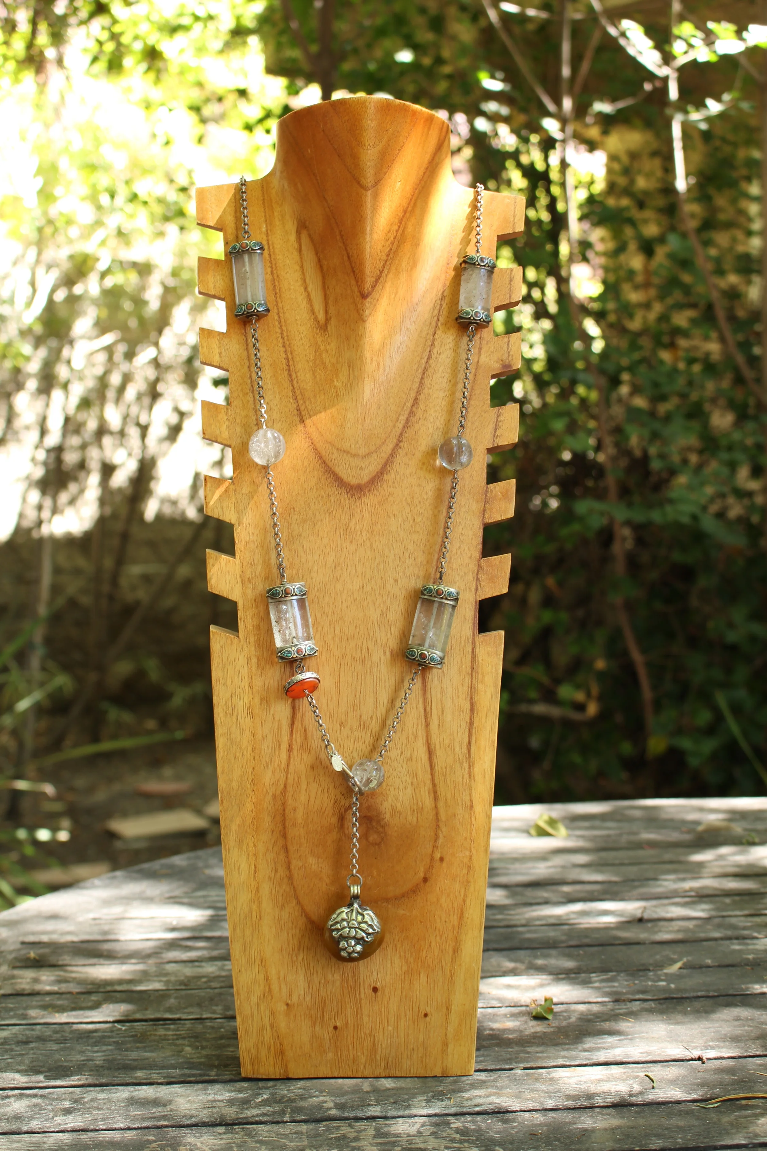 Antique Crystal Coral Necklace Long Front