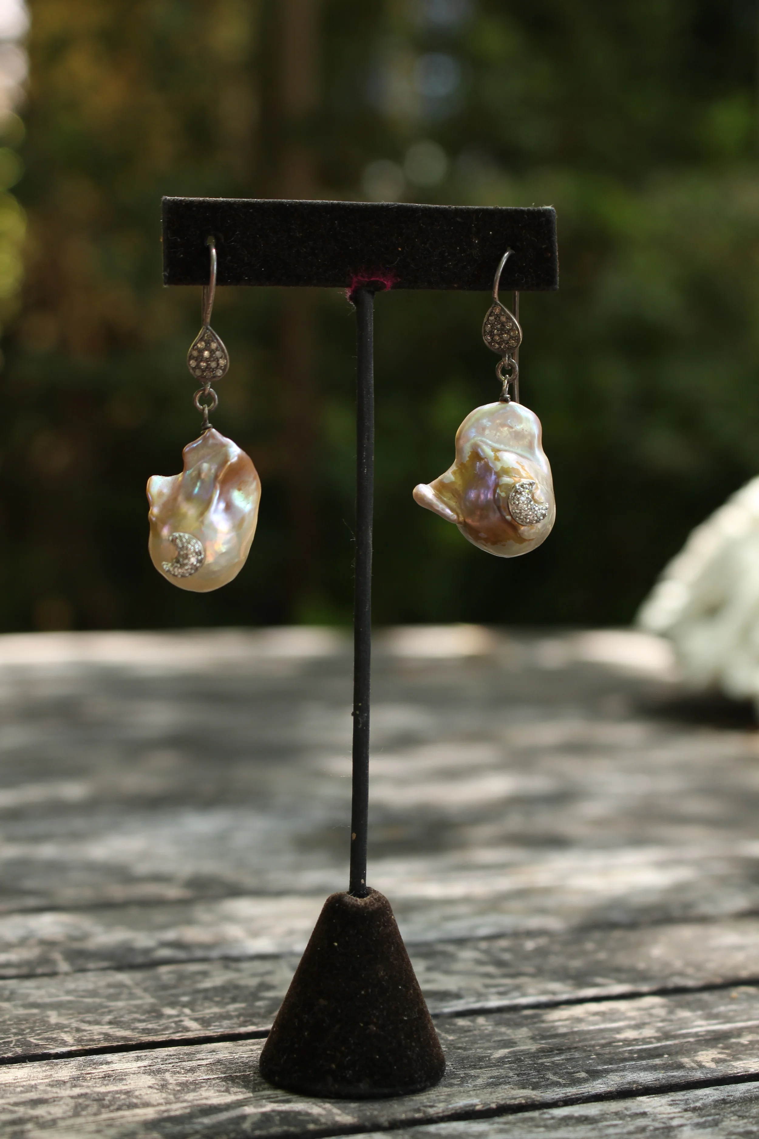 Freshwater Pearl Earrings with Moon Charms Full