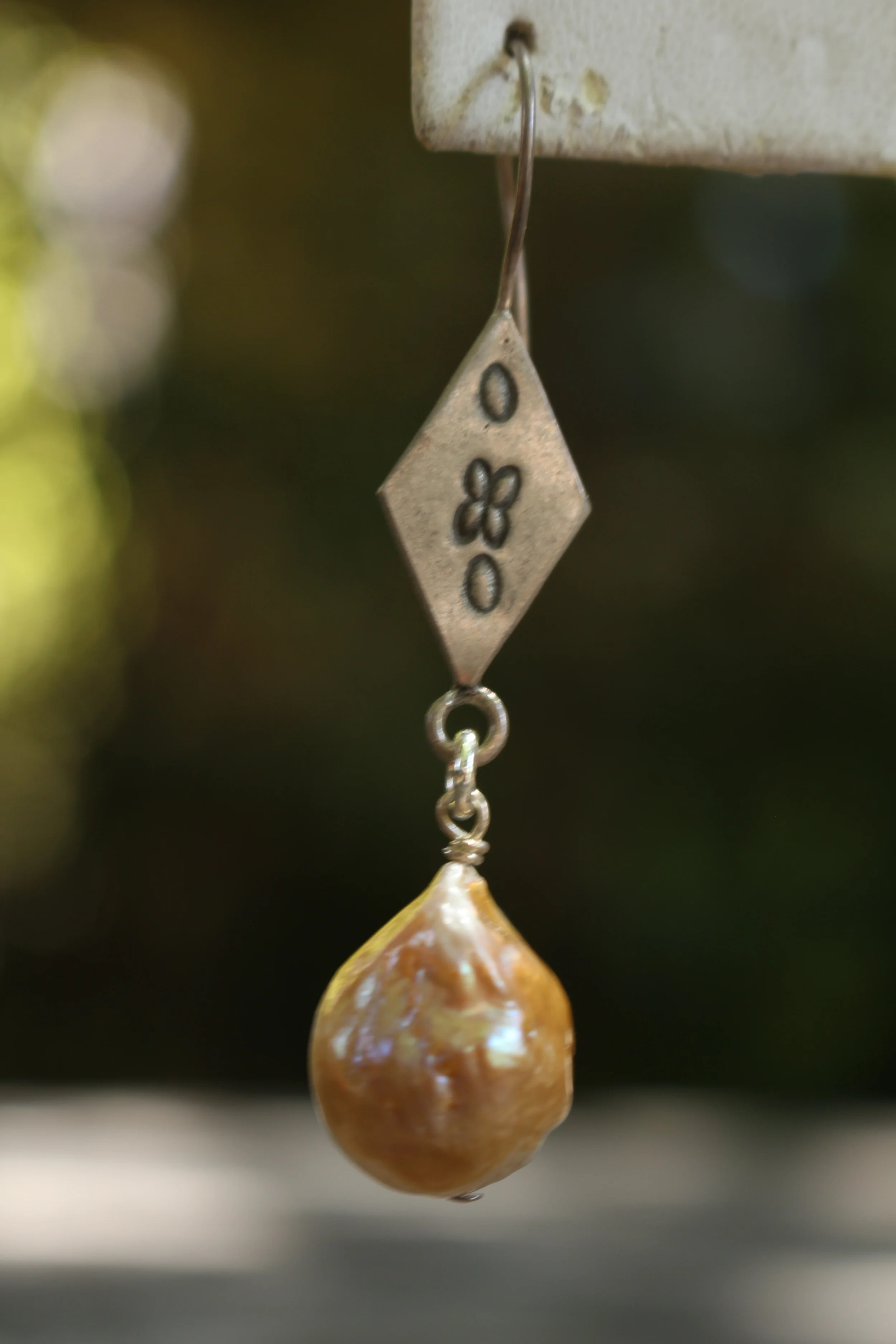 Engraved Sterling Silver and Pearl Earrings Close Up