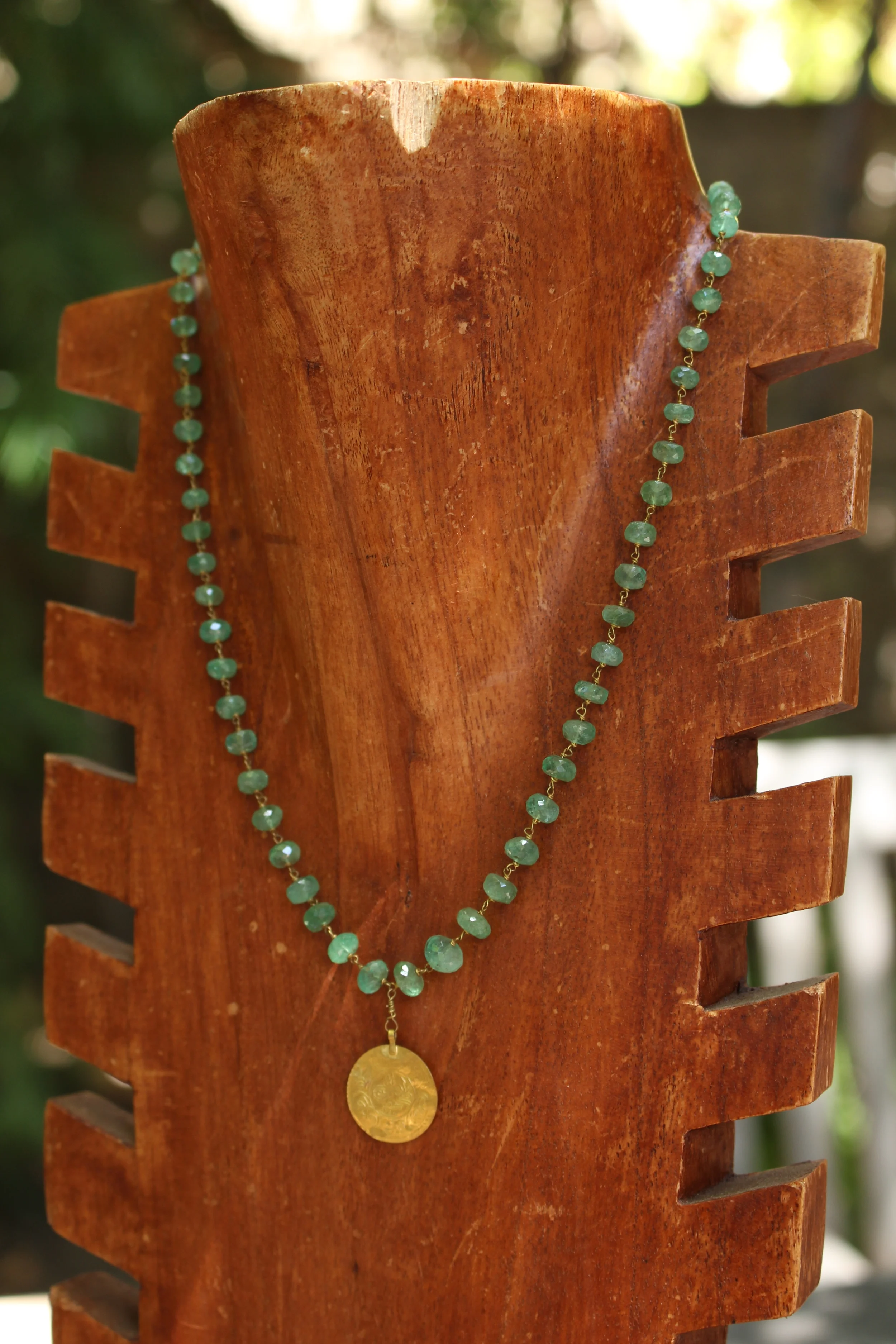 Emerald and Gold Coin Necklace Full Left