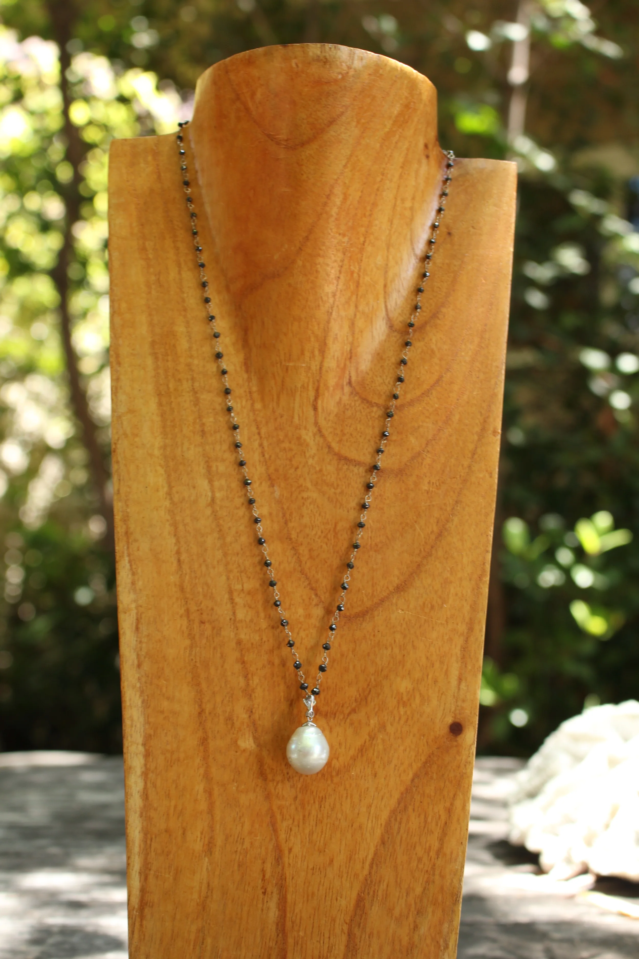 Black Diamond and Double Pearl Necklace Full Front
