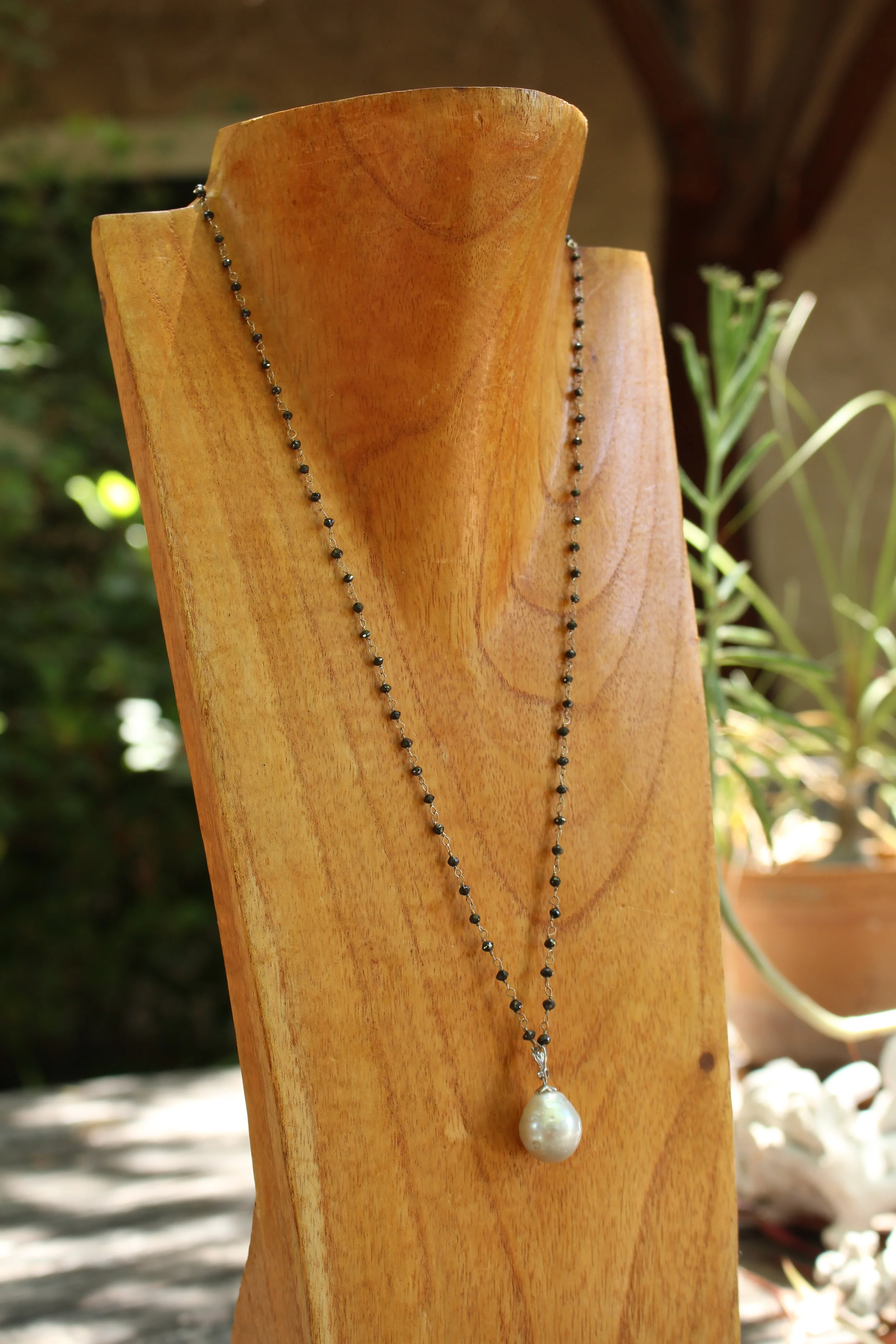 Black Diamond and Double Pearl Necklace Full Side