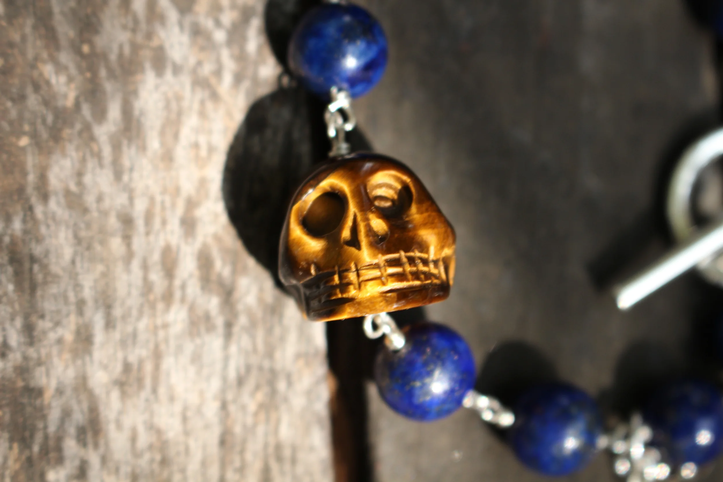 Lapis and Tiger Eye Skull Bracelet Skull Close Up