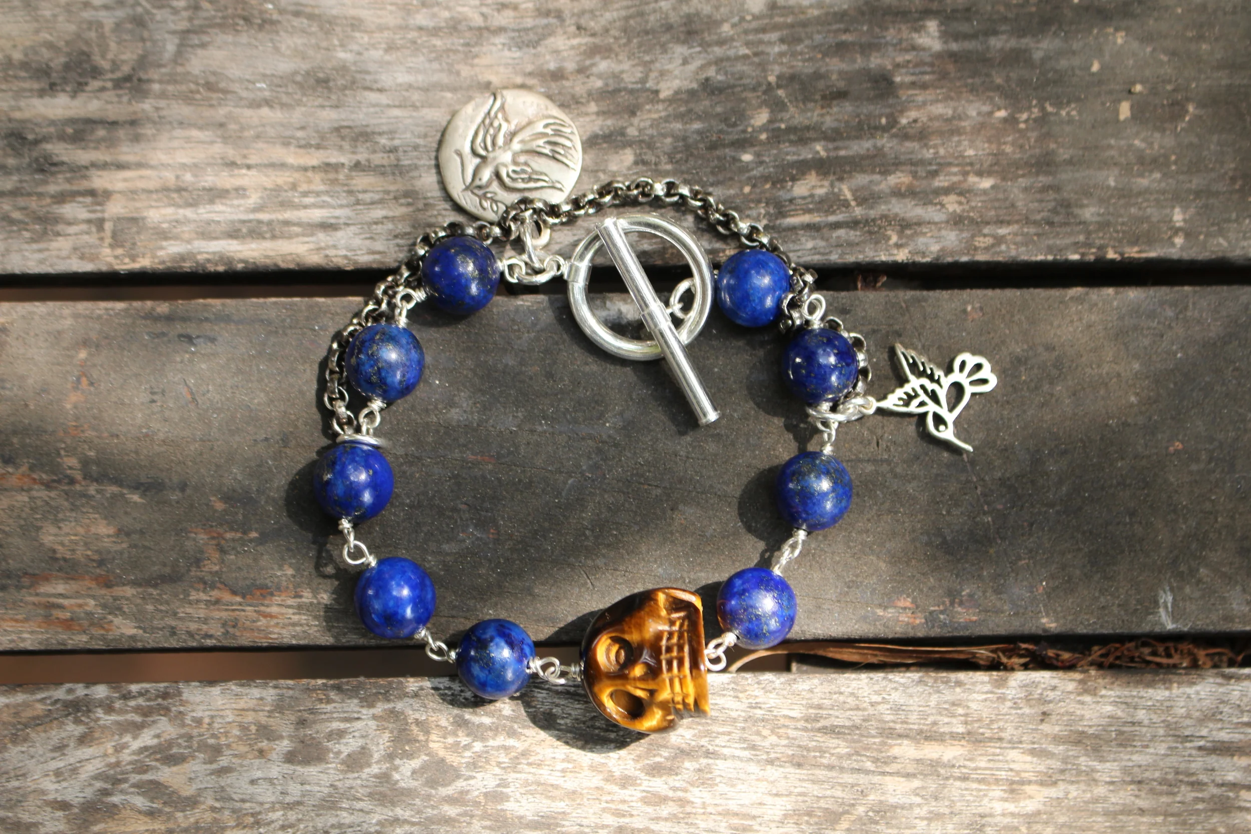 Lapis and Tiger Eye Skull Bracelet Full