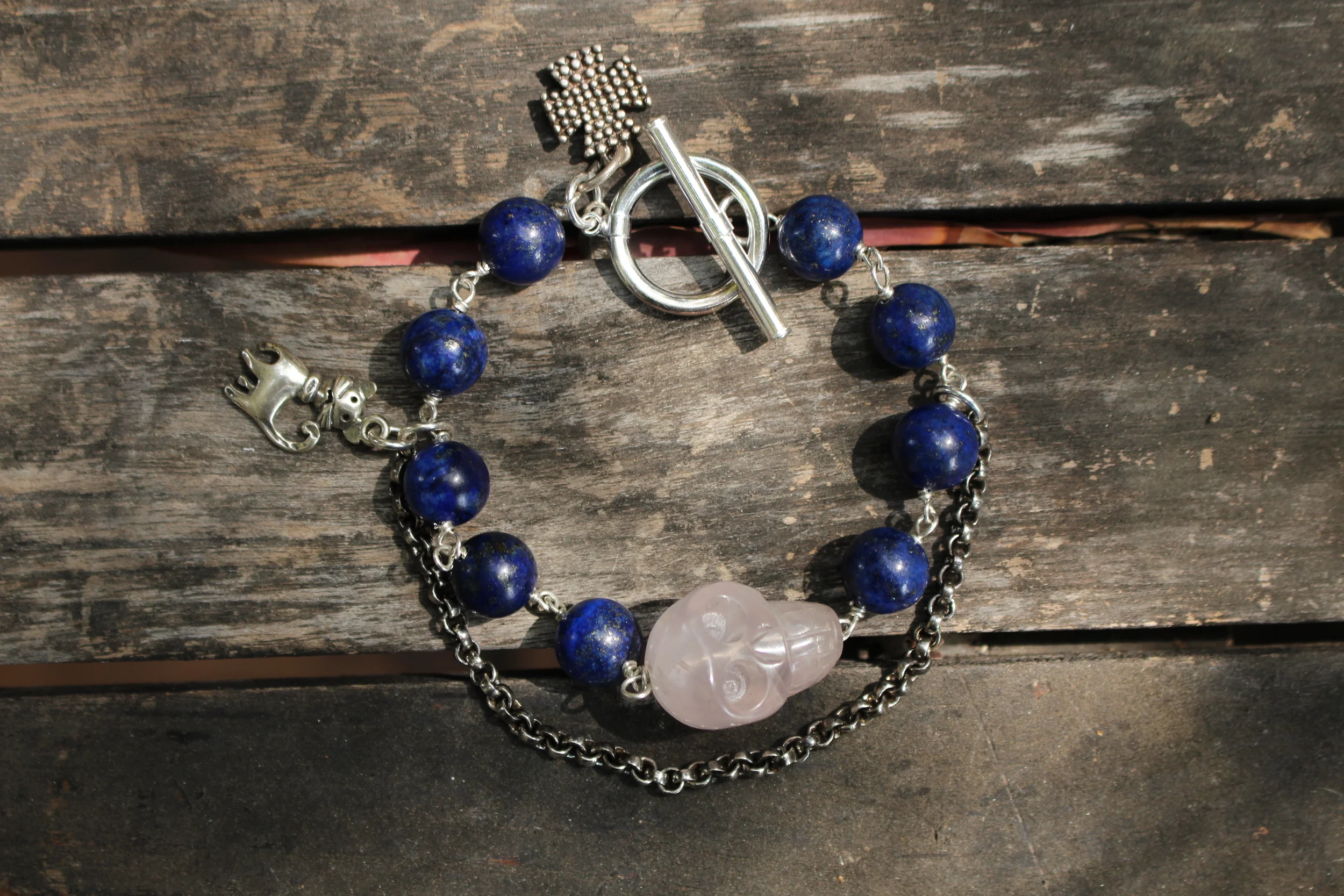 Lapis and Rose Quartz Skull Bracelet Full