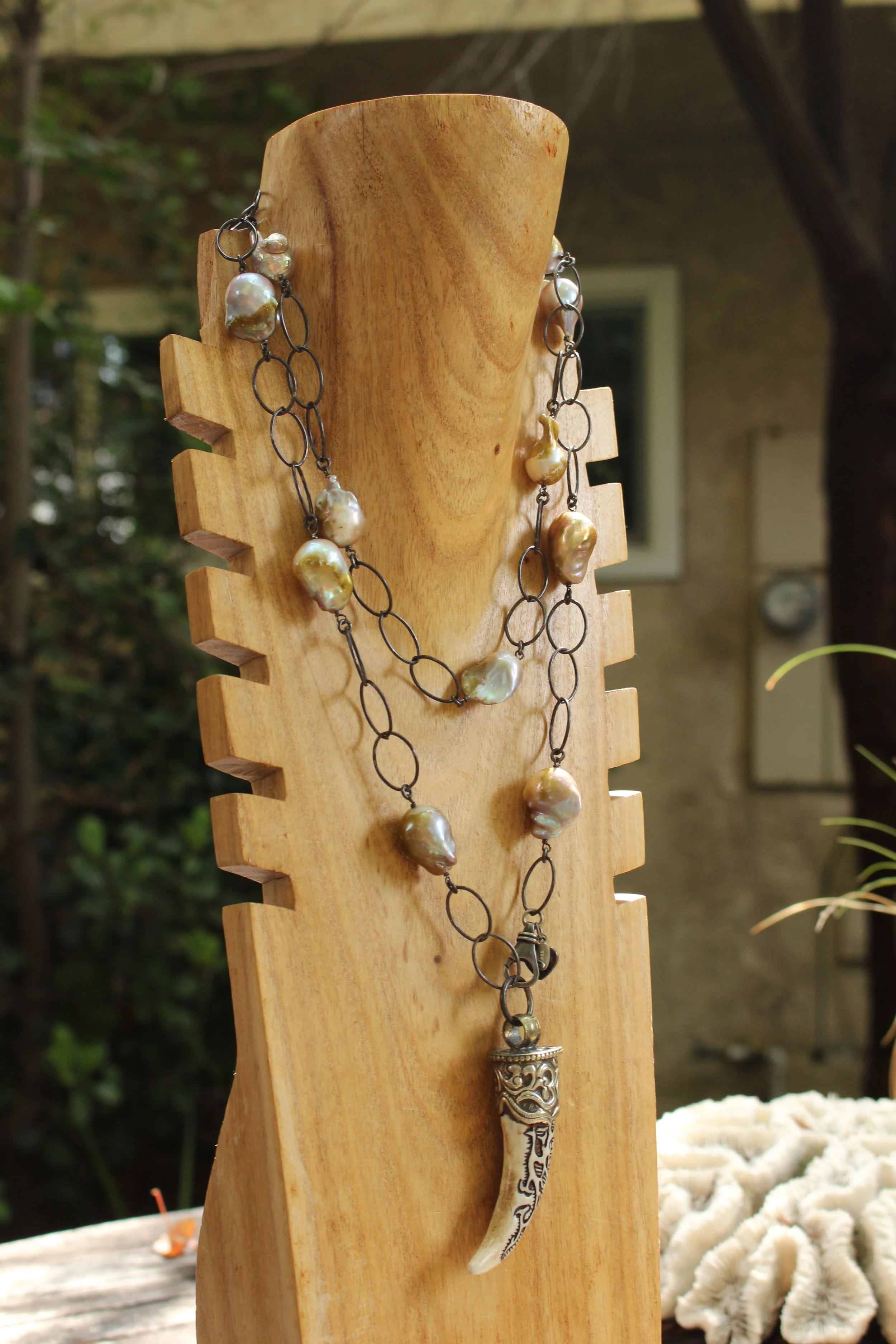Pearl and Carved Bone Necklace Full Right