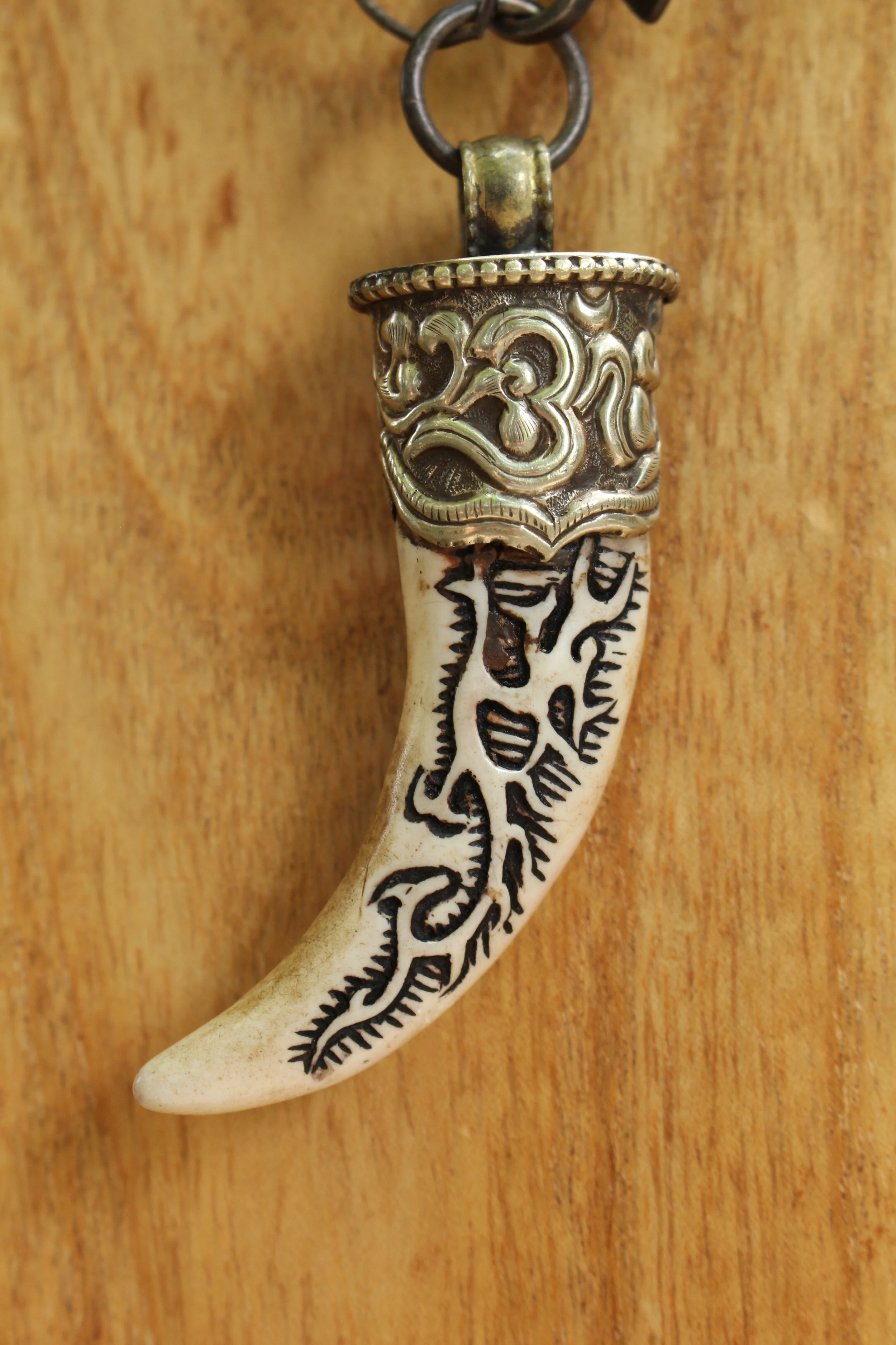 Pearl and Carved Bone Necklace Close Up Horn Right