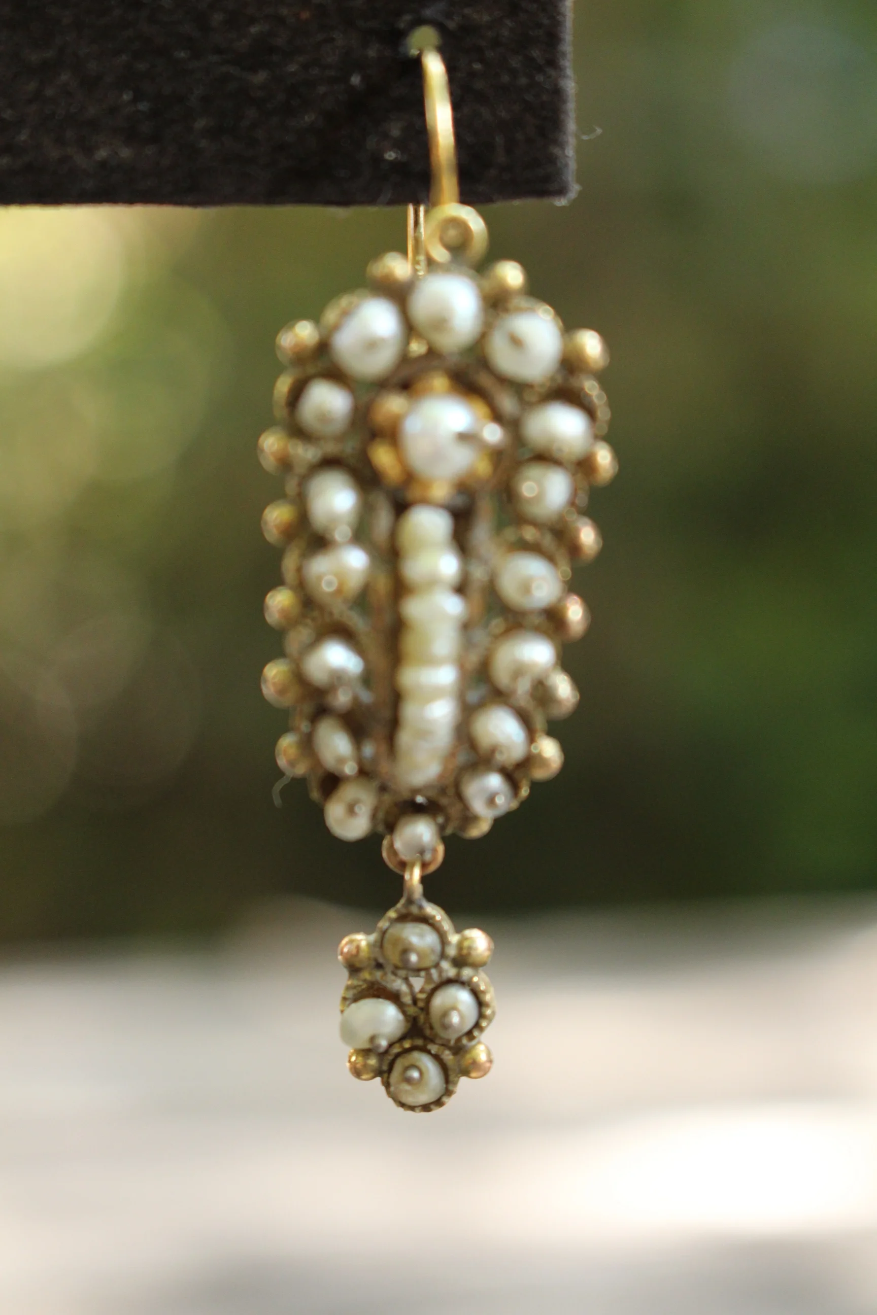 Vintage Mexican Gold and Pearl Earrings Close Up Far
