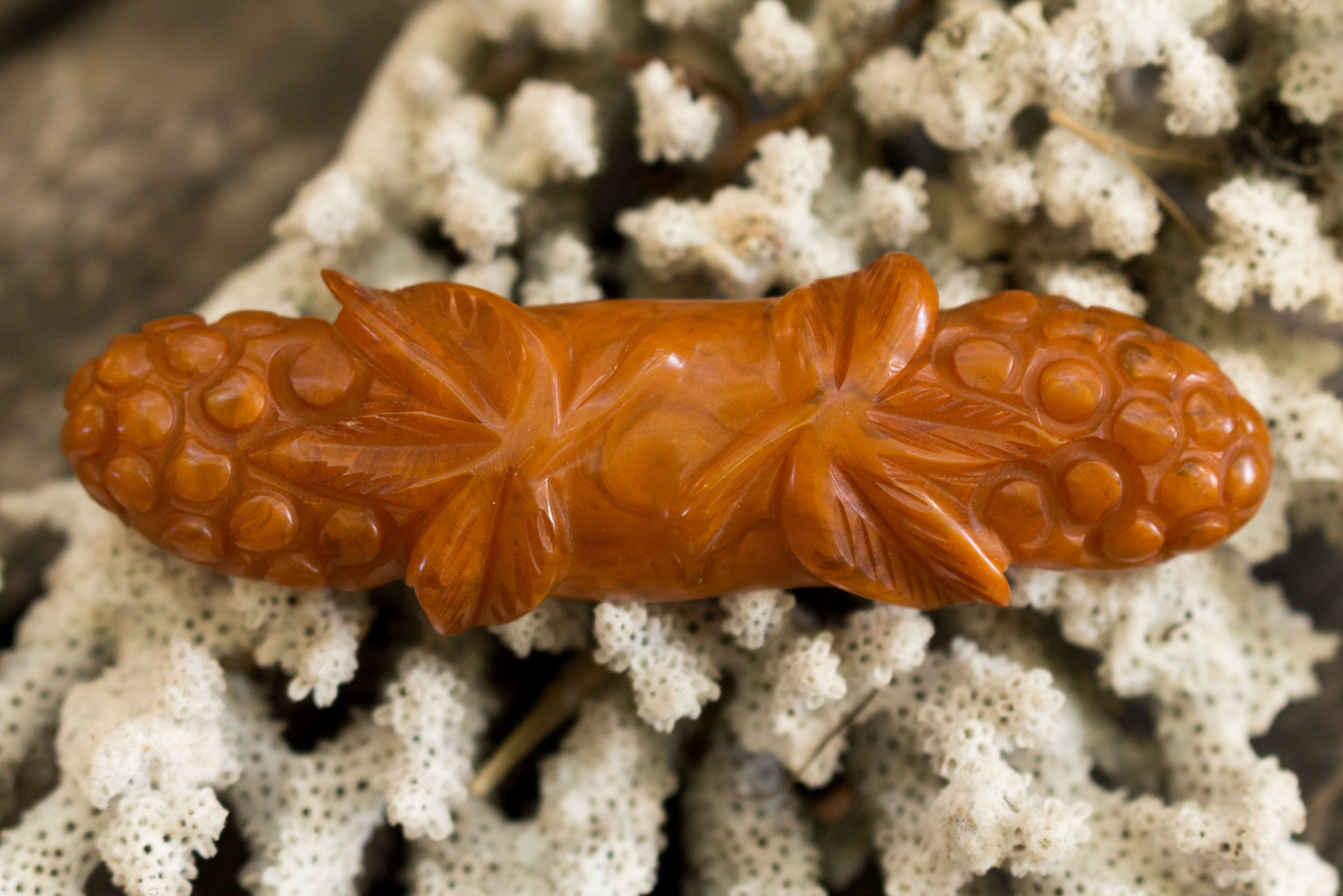 Orange Floral Bakelite Bar Pin Front