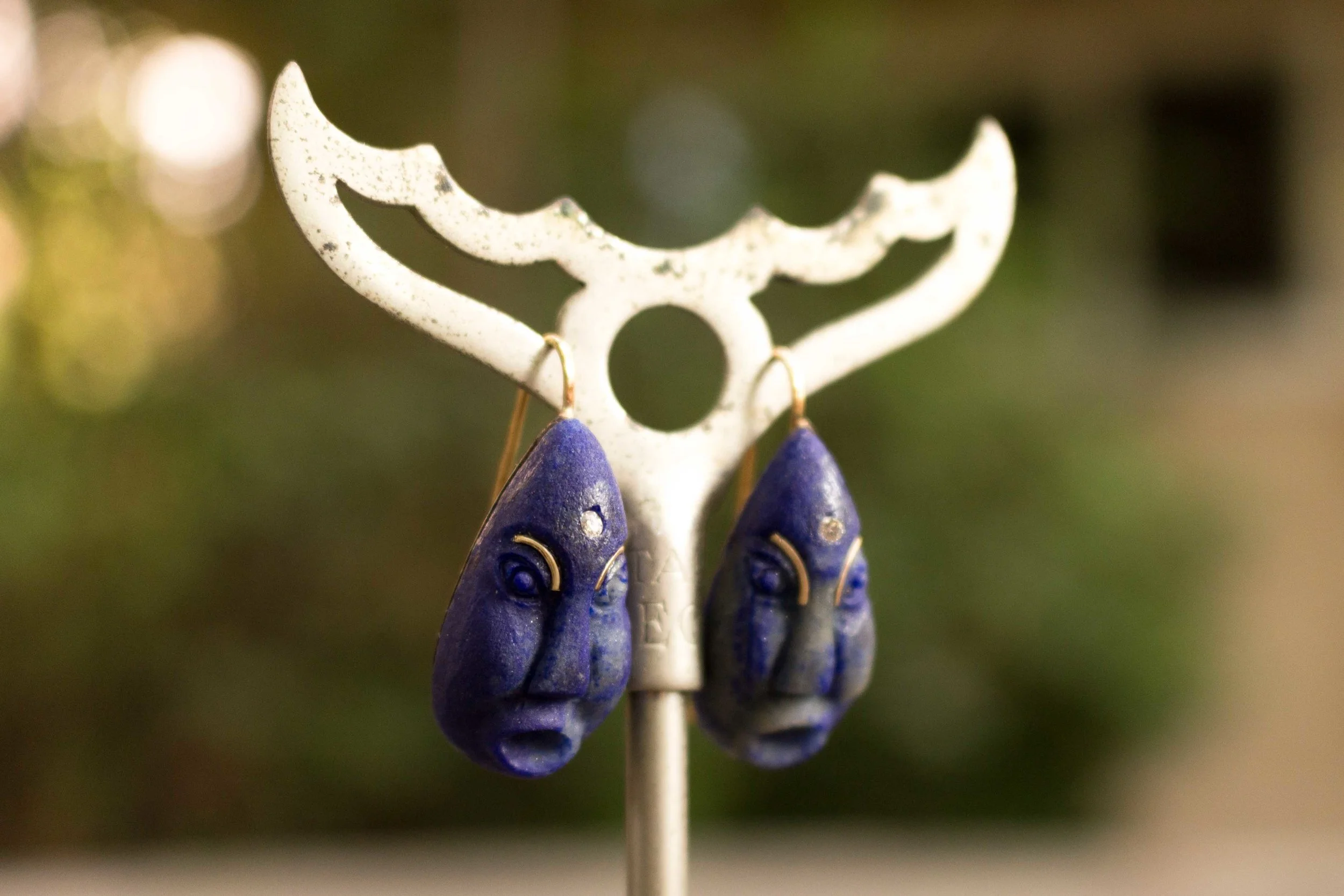 18kt Lapis Diamond Face Earrings Full Side