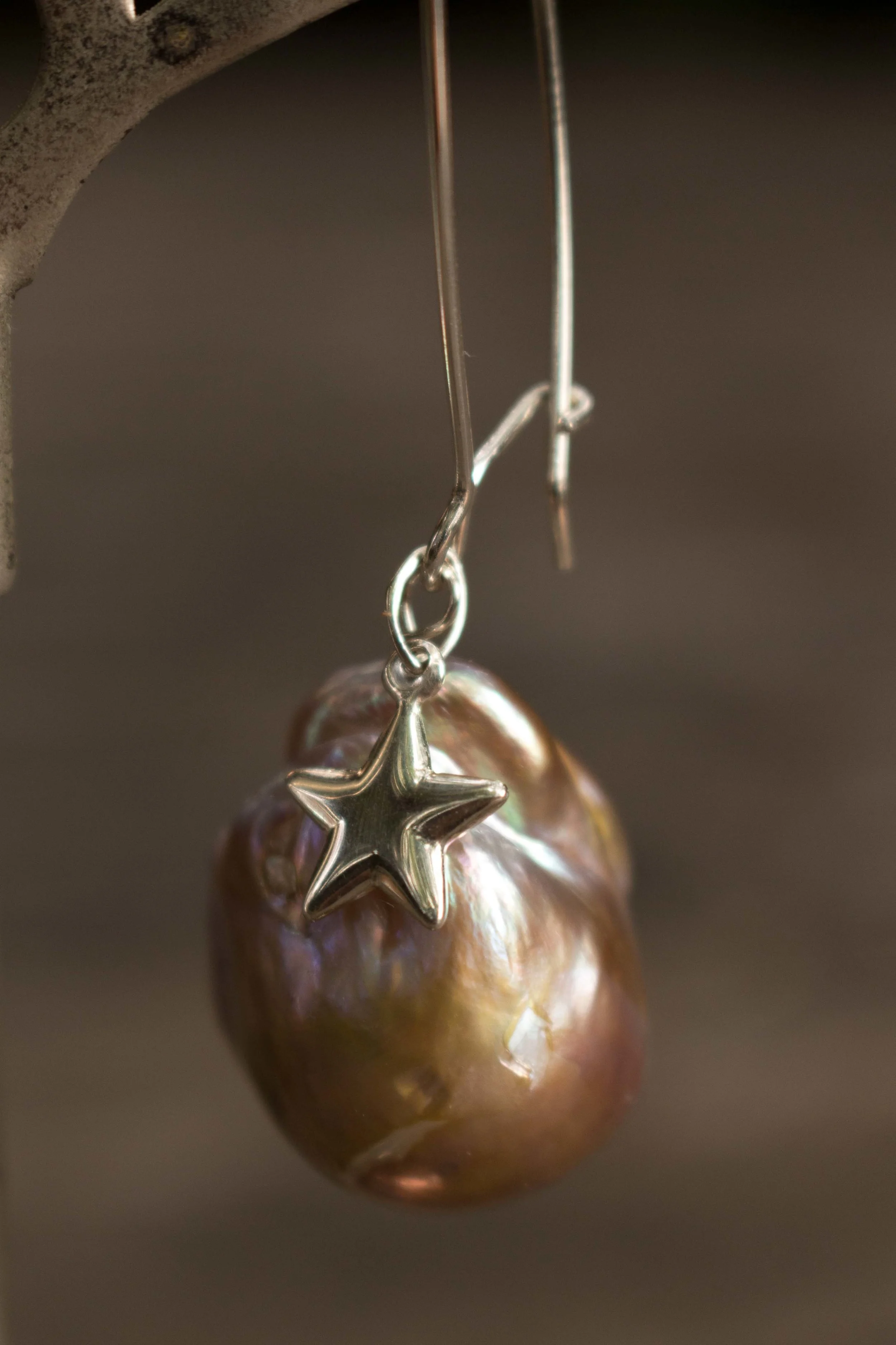 Freshwater Pearls Earrings with Silver Star Charms Close Up Left