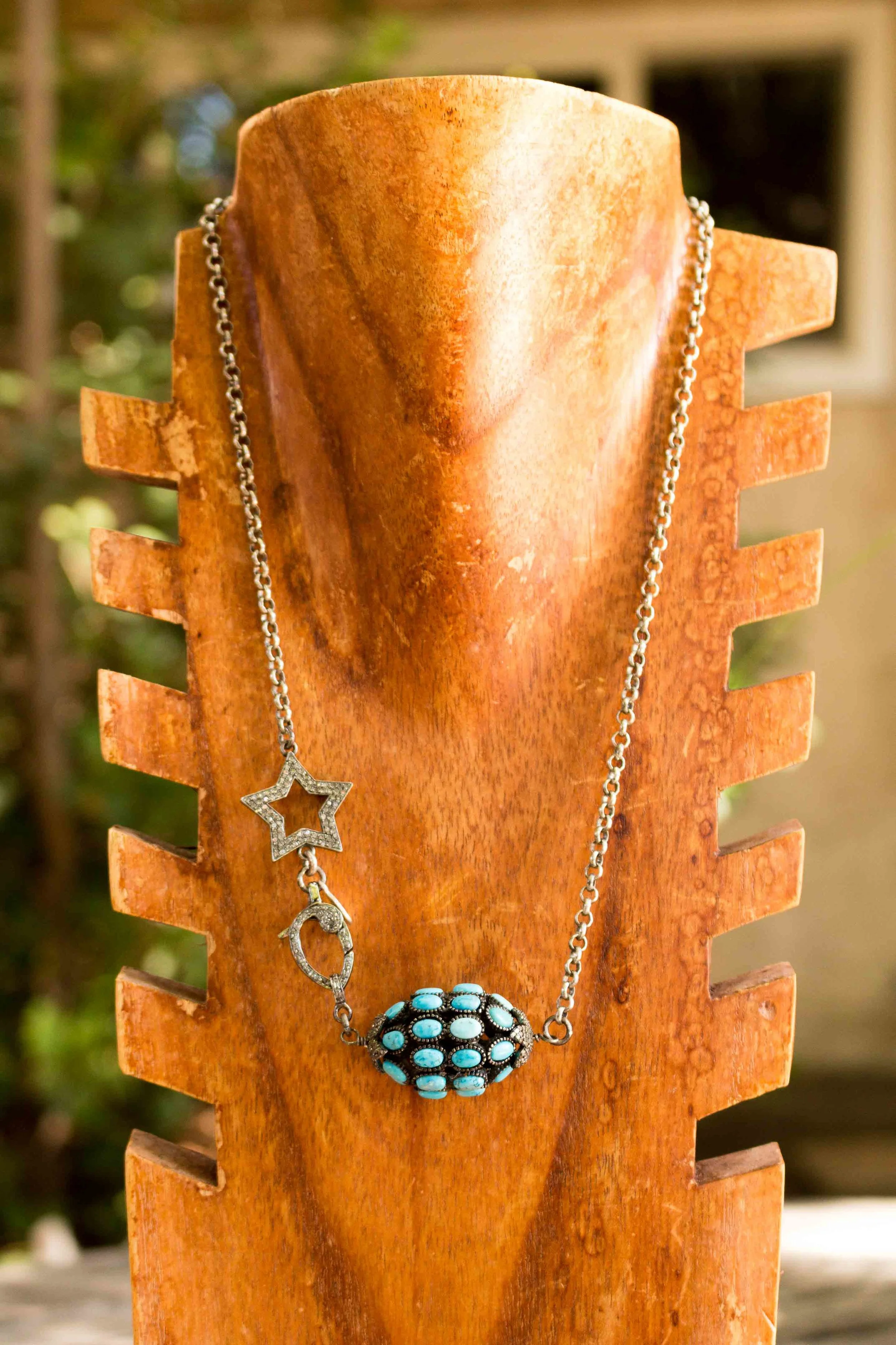 Turquoise Disco Ball and Diamond Star Necklace Full Front