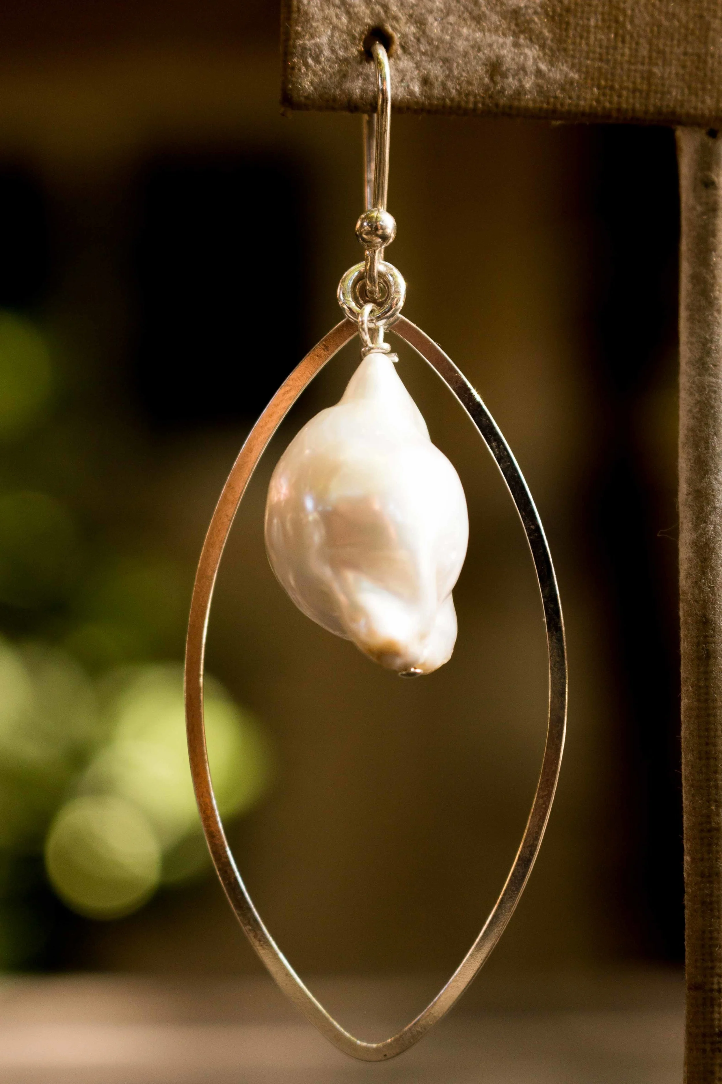 White Pearl and Silver Oval Earrings Close Up Right