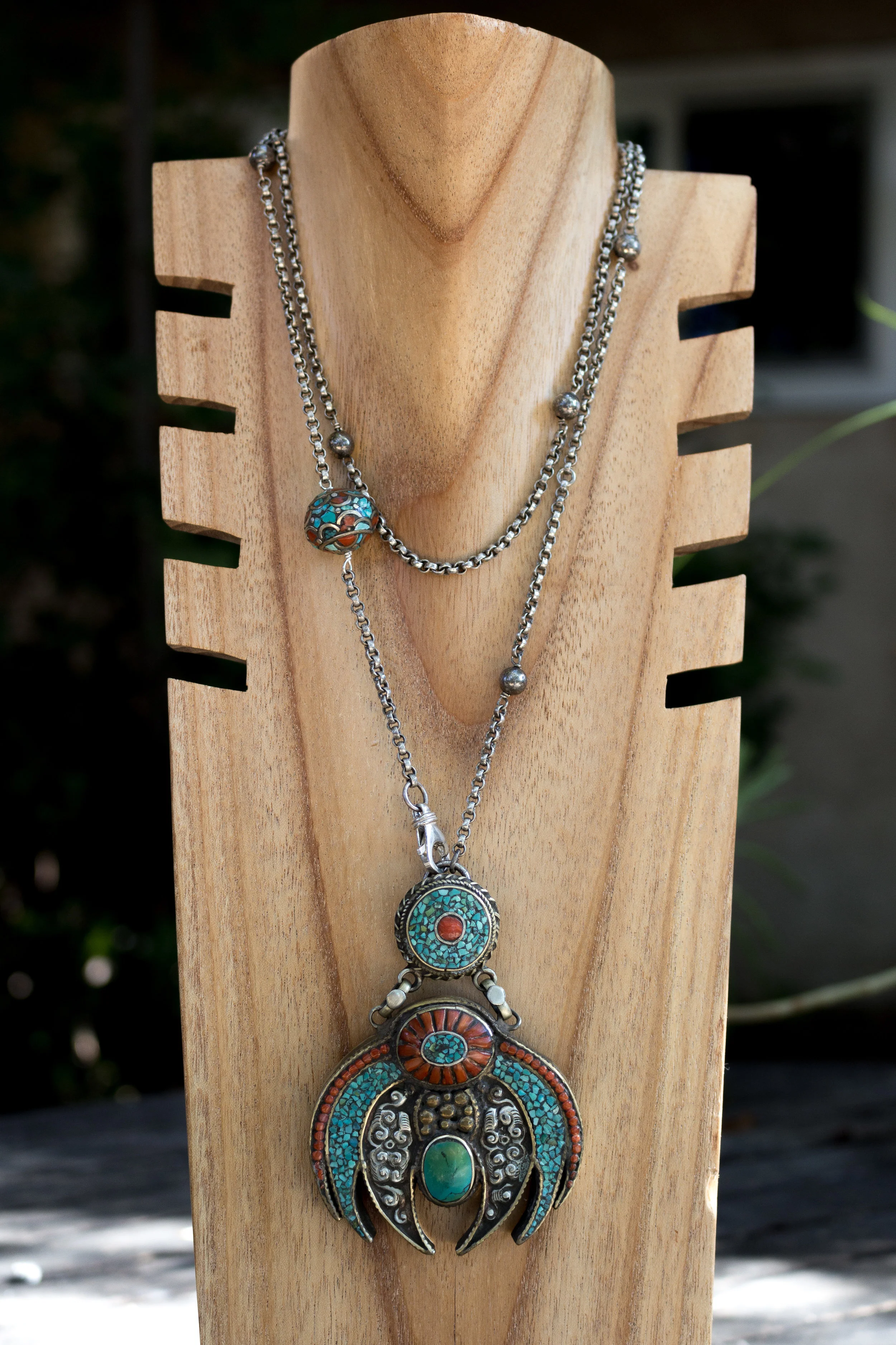 Antique Coral and Turquoise Tibetan Pendant Full Front