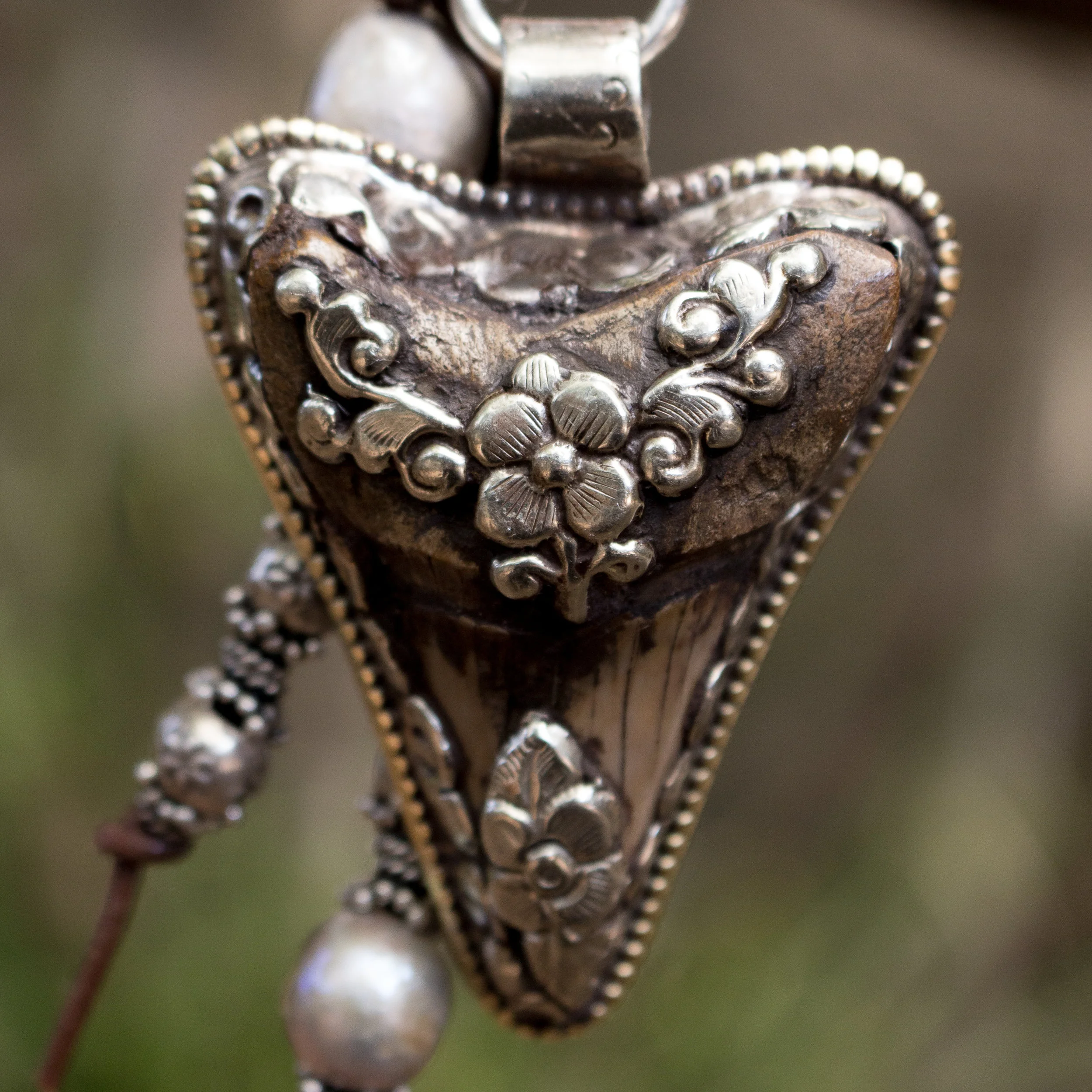 Shark Tooth and Pearl Necklace Close Up