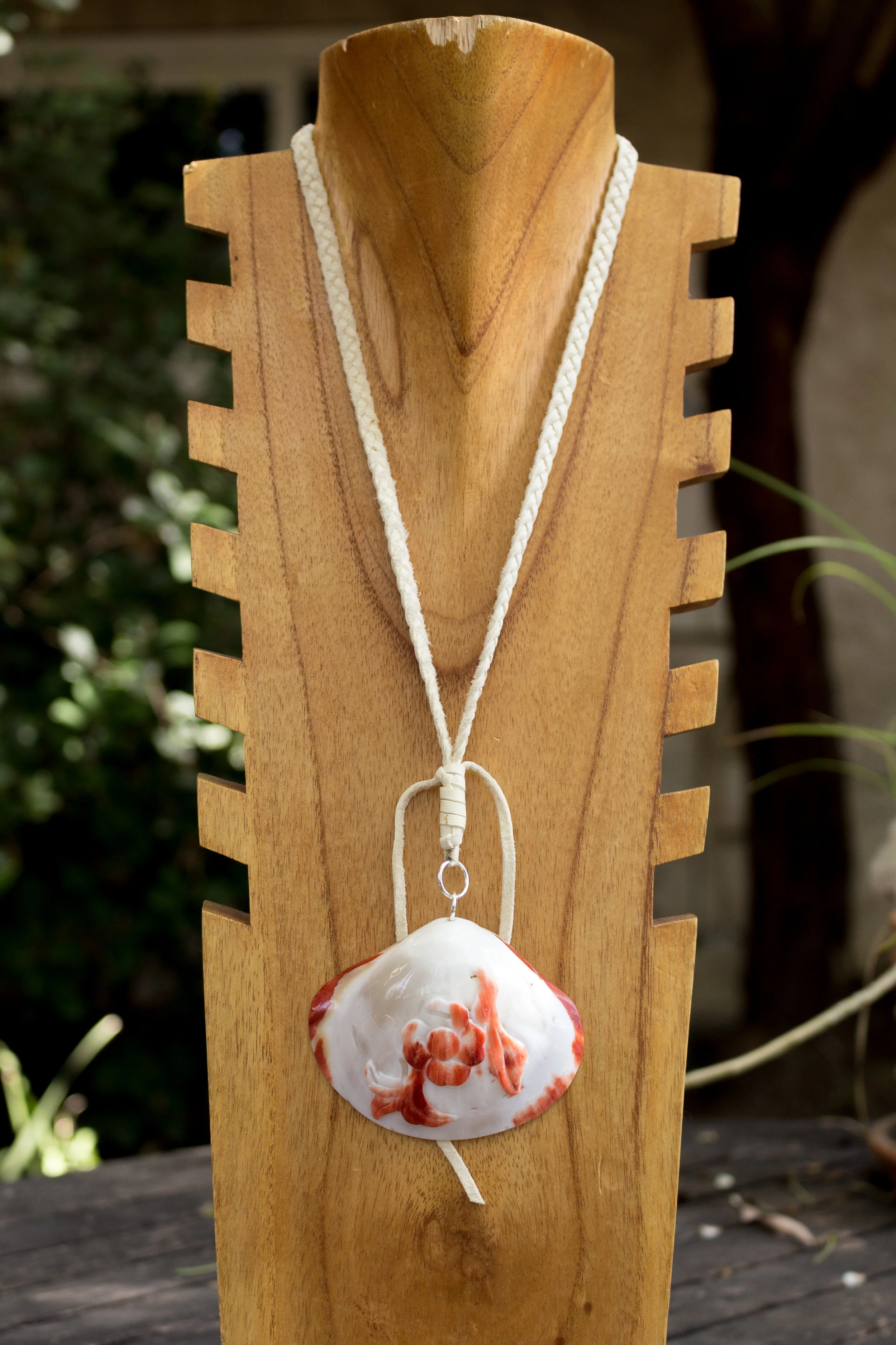 White Braided Leather Shell Necklace Full Front