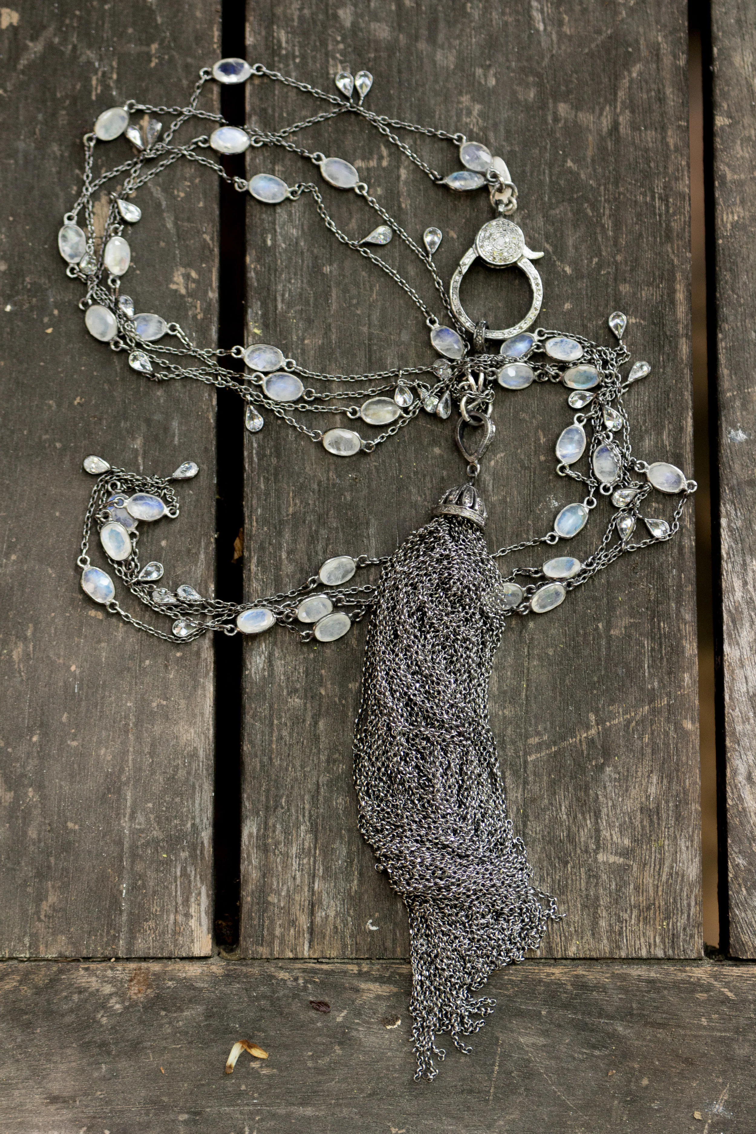 Delicate Moonstone and Diamond Tassel Necklace Full Front