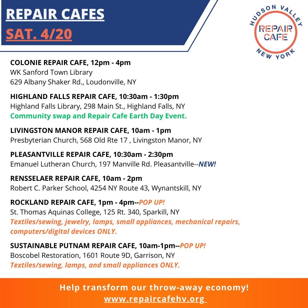 🌎🛠 Earth Weekend Repair Cafes 🛠🌎

As the closest Saturday to Earth Day, April 20th has been the most popular day this year to host a repair cafe! We have SEVEN cafes this Saturday ranging throughout our coverage area. Please note two are pop ups,