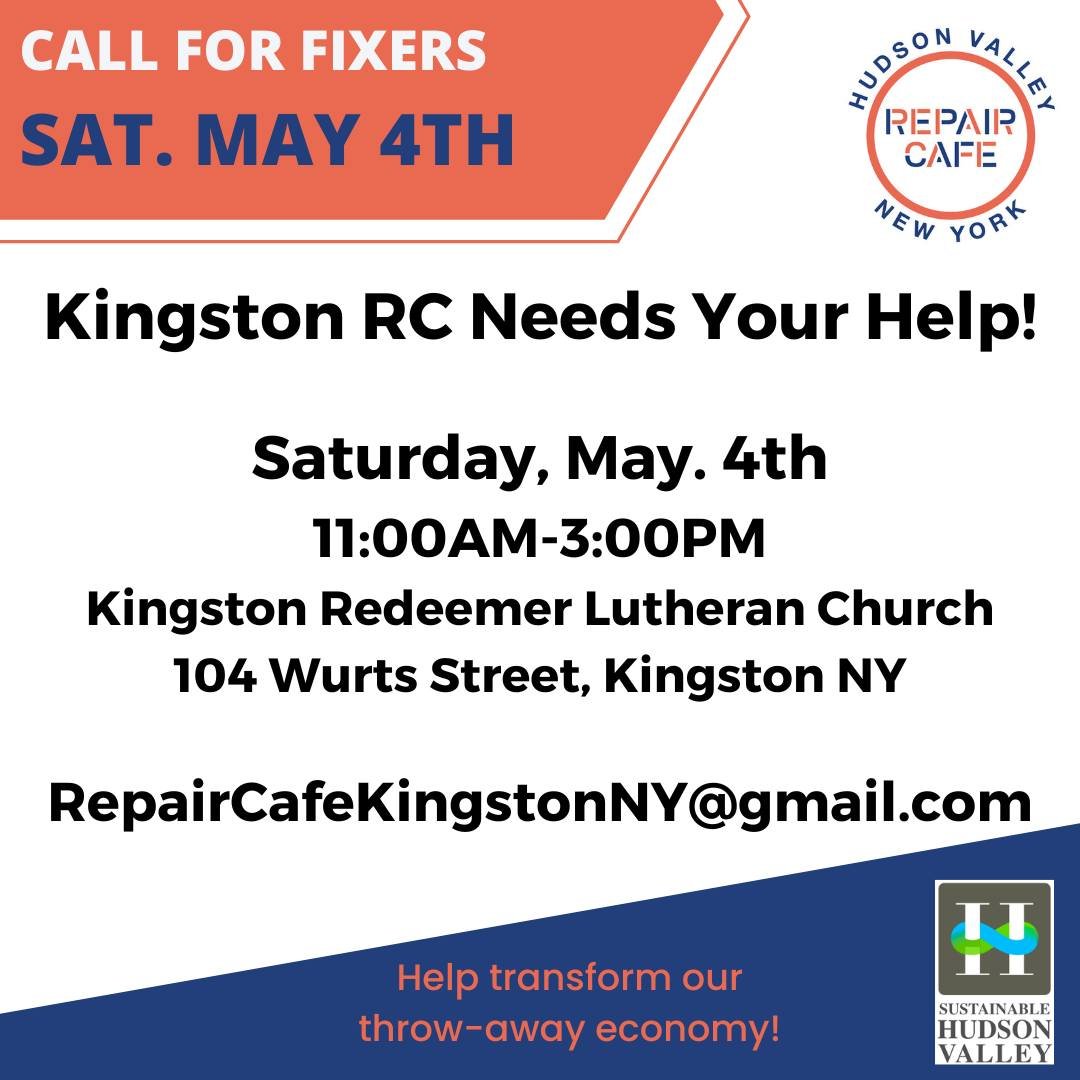 🫵 Can You Lend us a Hand? 🫵

The next Kingston Repair Cafe is coming up on May 4th and could use some more fixers! If you've ever been interested in seeing what a repair cafe is all about, come join us at Kingston Redeemer Church from 11:00am - 3:0