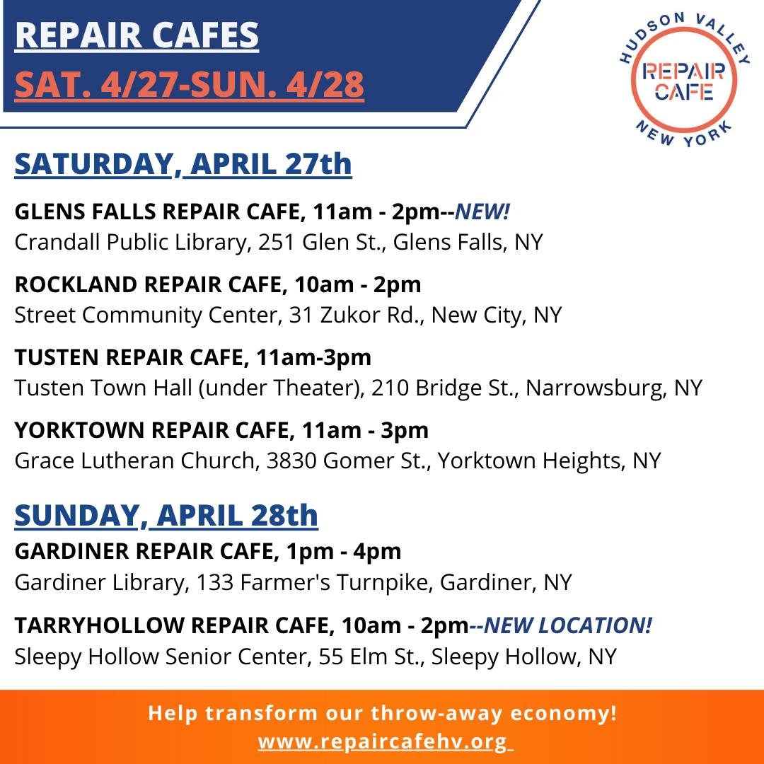 🌎🛠 This Weekend's Repair Cafes 🛠🌎

We finish up Earth Month with 6 more repair cafes for you, most on Saturday but 2 on Sunday as well! We're thrilled to announce a new cafe in Glens Falls on Saturday at the Crandall Public Library, too. DUTCHESS