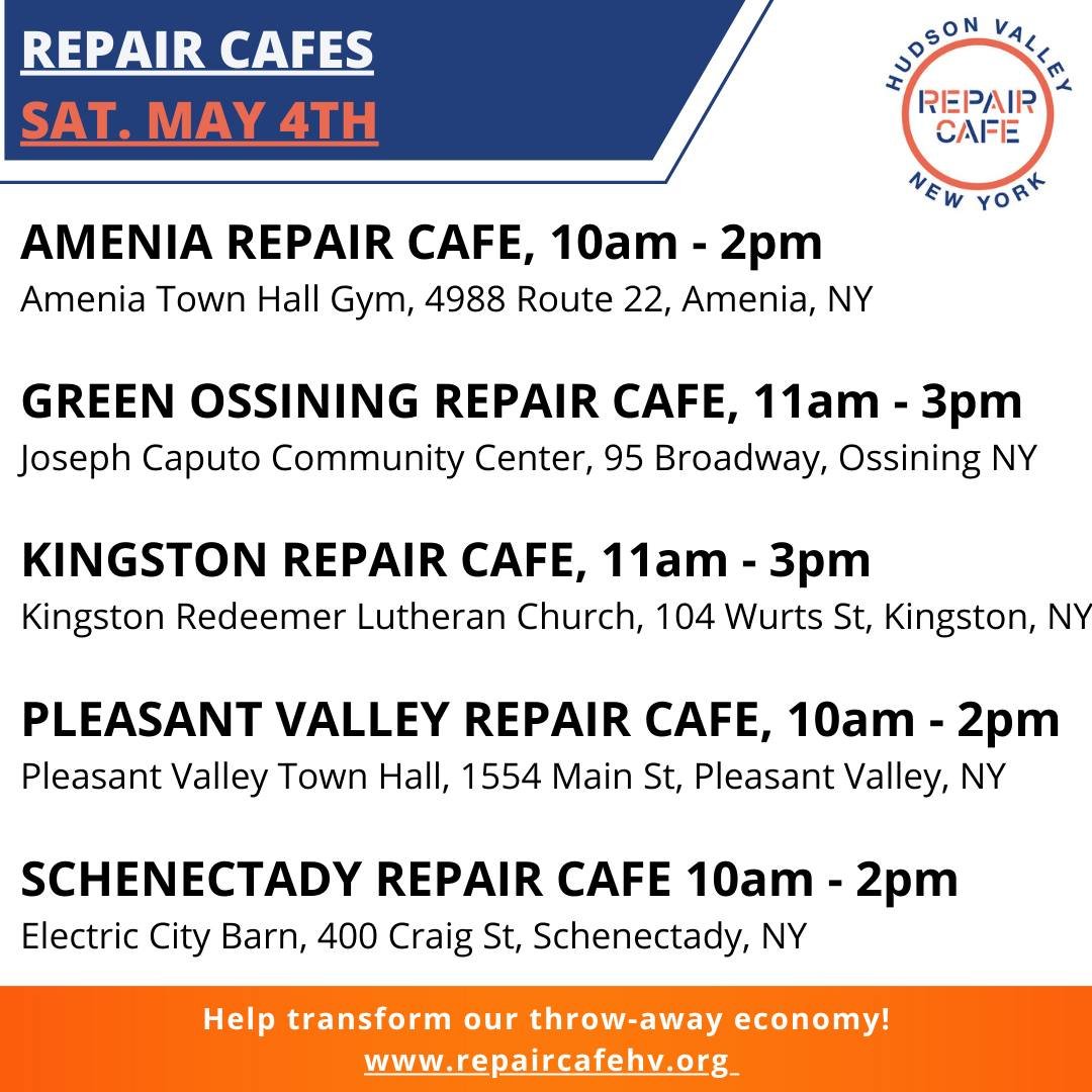 🛠 May Repair Cafes 🛠

May's calendar is back to its usual design thanks to a more 'sustainable' pace! Kingston returns to Redeemer Lutheran Church on Saturday, May 4th, the same day as the popular Schenectady Repair Cafe at Electric City Barn. May 