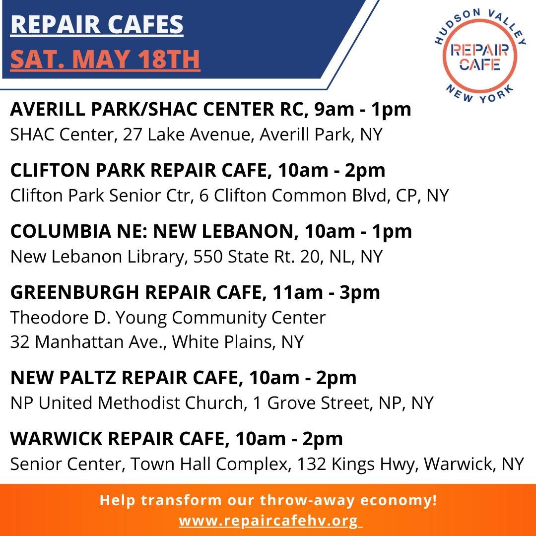 🛠 This Weekend's Repair Cafes--SAT. &amp; SUN 🛠 

Lots of cafes this weekend including TWO brand new ones on Saturday: Averill Park/SHAC Center in the Capital Region and Greenburgh in Westchester! And on Sunday  we have two cafes for you including 
