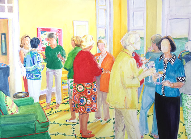 It is sometimes hard to know when a painting is finished. Trying to capture the "AHA" of a particular moment in time, my recent figurative works have a more focused "center of interest" (in this painting, the figure in red sweater and orange skirt) while peripheral figures almost seem to blur out. The details are not as important as the overall feeling of first "seeing" that moment. In contrast to a static photograph, a good painting can keep the energy of a moment in time moving forever on canvas. As for faceless figures – we are all connected and sometimes people resonate with a particular figure in a piece if it's not an exact rendering! Figures become almost archetypal. 