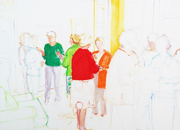I then choose the medium – oil, acrylic or watercolor – that will best evoke the feeling of that particular moment. In this instance of a ladies' night out, "Let the Summer Begin," I chose to work in acrylics as their bright colors and fast drying time permit a bold approach to a very lively composition.