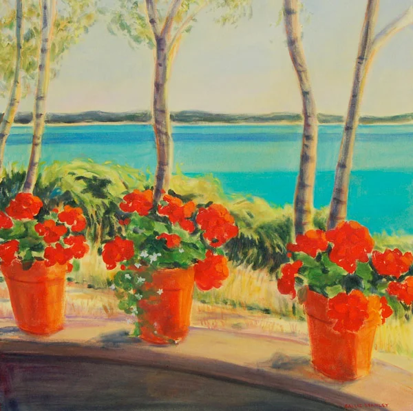 Three Red Geraniums 36 x 36"