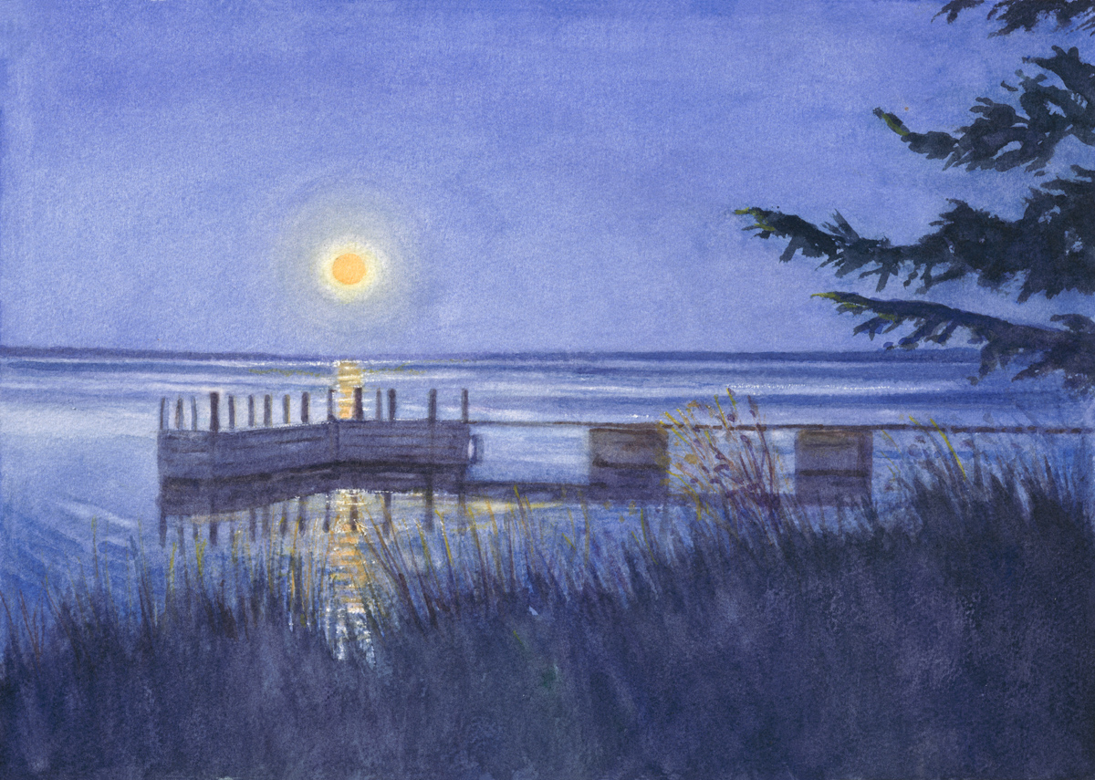 Moonrise Over Harper's Dock 12 x 16 3/4" Watercolor