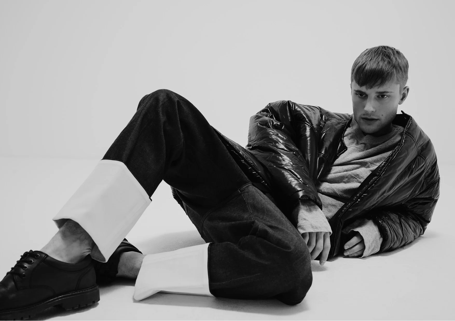 Oversized bomber by Raf Simons archives , tee by Prada & fisherman denim pants by Loewe , leather shoes vintage