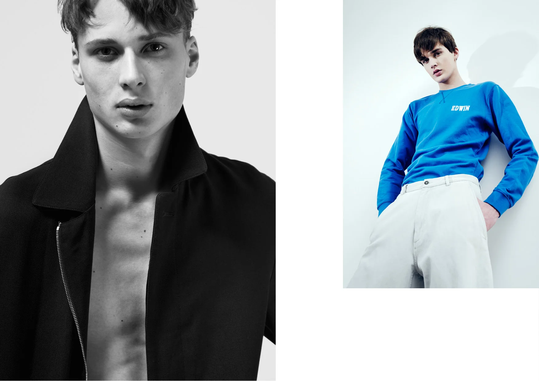 Cyriel wears a coat by LACOSTE Senna wears a sweatshirt by EDWIN & a jeans by COS