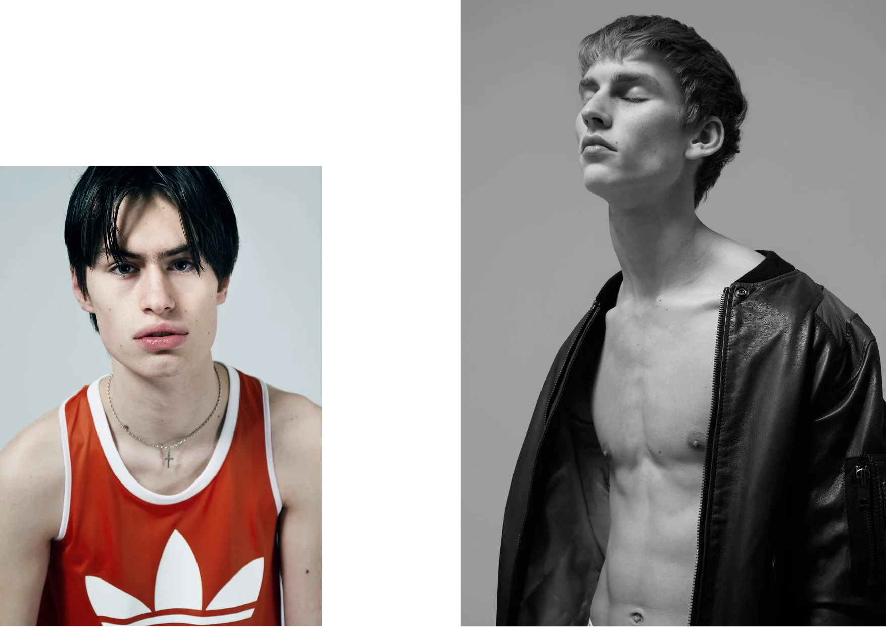 Bo wears a tank top by ADIDAS & a necklace by SAINT LAURENT Thom wears a bomber jacket by DIESEL 