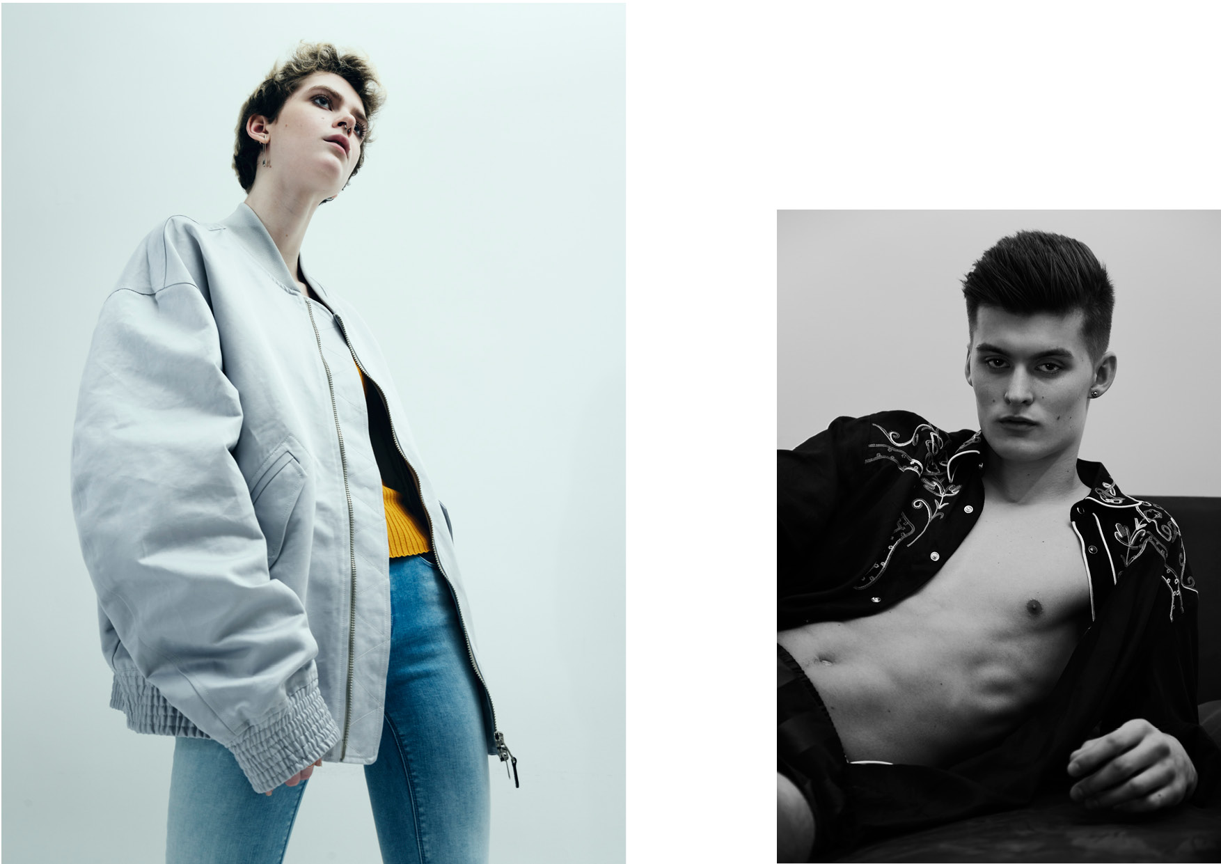 Amandine wears a oversized bomber jacket by DIESEL BLACK GOLD, a tank top by WEEKDAY & jeans by REPLAY Zeno wears a shirt by SAINT LAURENT & shorts by ADIDAS