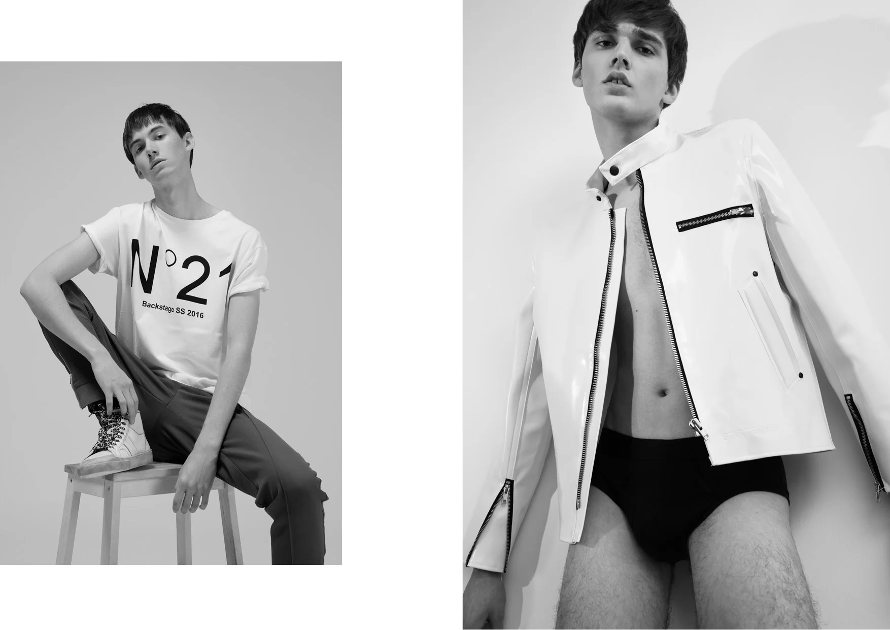 Tyas wears a tee by N°21, pants by LACOSTE & shoes by SAINT LAURENT Senna wears a jacket by STUTTERHEIM & underwear by HANRO