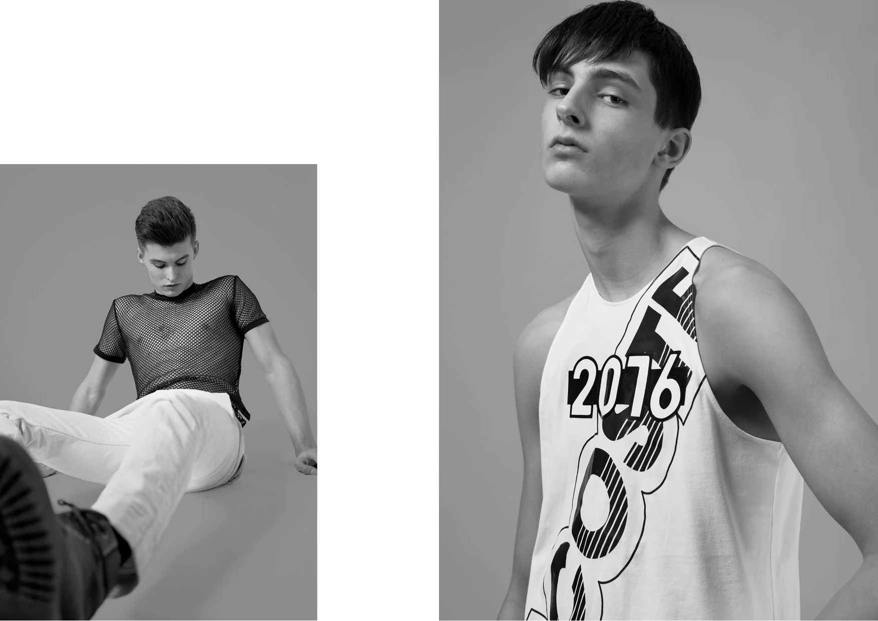 Zeno wears a tee by LACOSTE & jeans by DIESEL Levi wears a tank top by LACOSTE