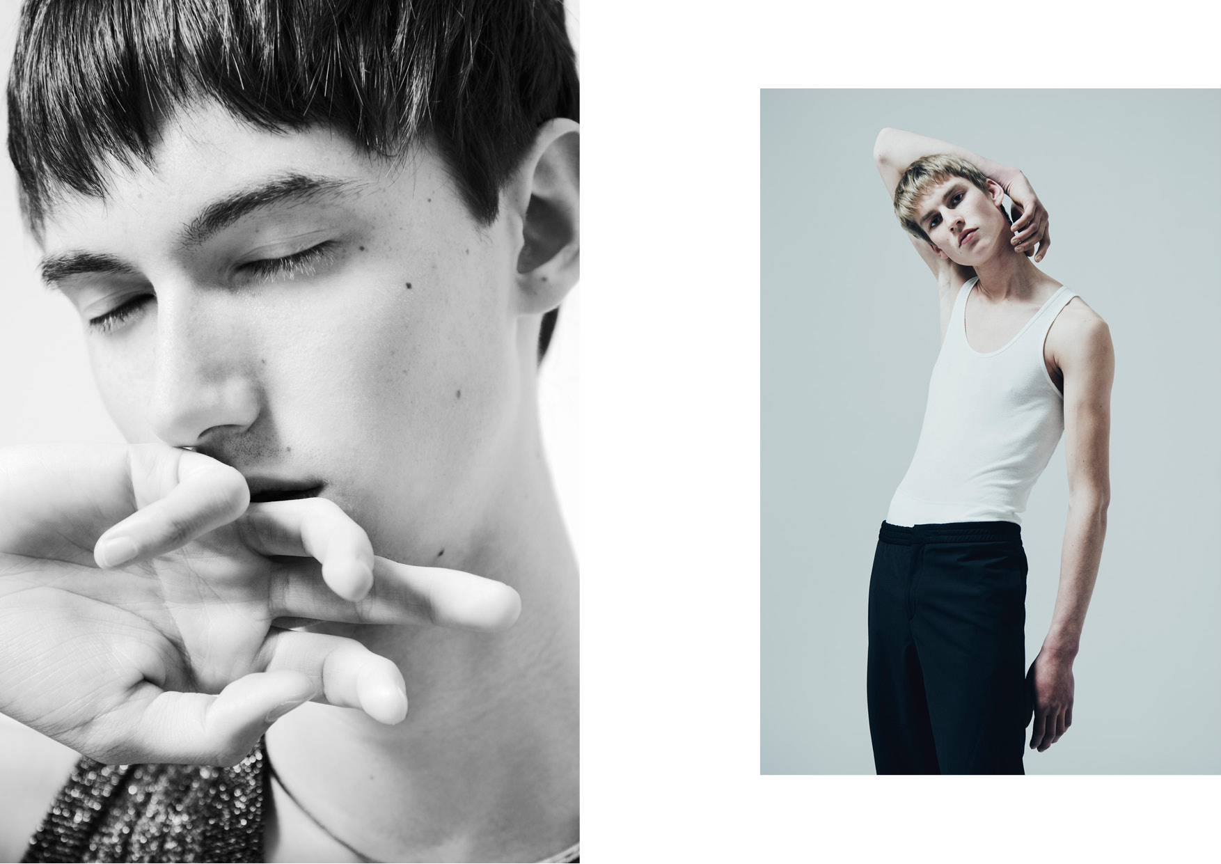 Tyas wears a tank top by RODARTE for & OTHER STORIES Thom wears a tank top by HANRO & pants by COS