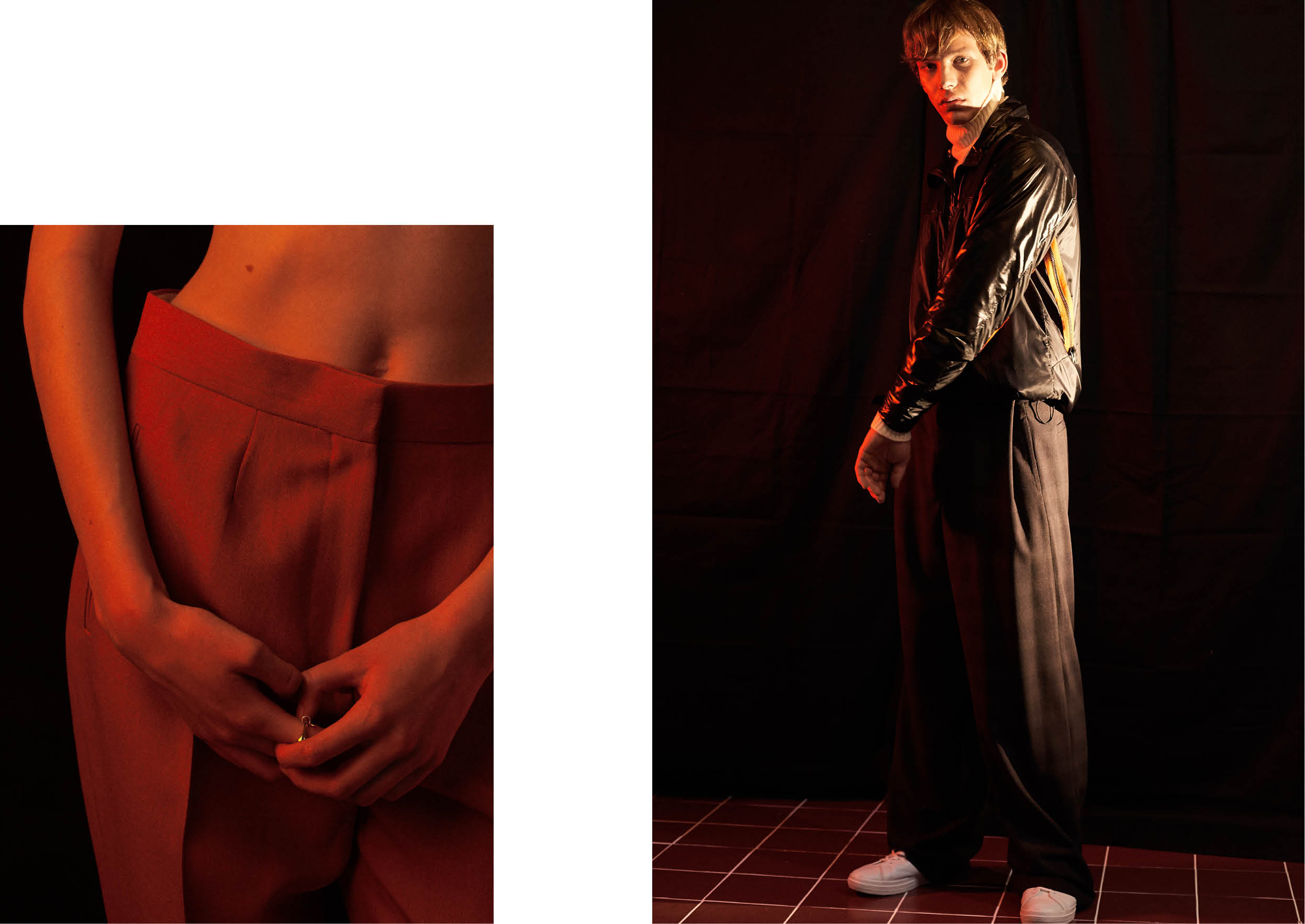 Left pants by PAUL SMITH & ring by WOUTERS & HENDRIX Right jacket by GIVENCHY, turtleneck sweater by BURBERRY vintage, pants by DRIES VAN NOTEN & sneakers by JEAN PAUL KNOTT