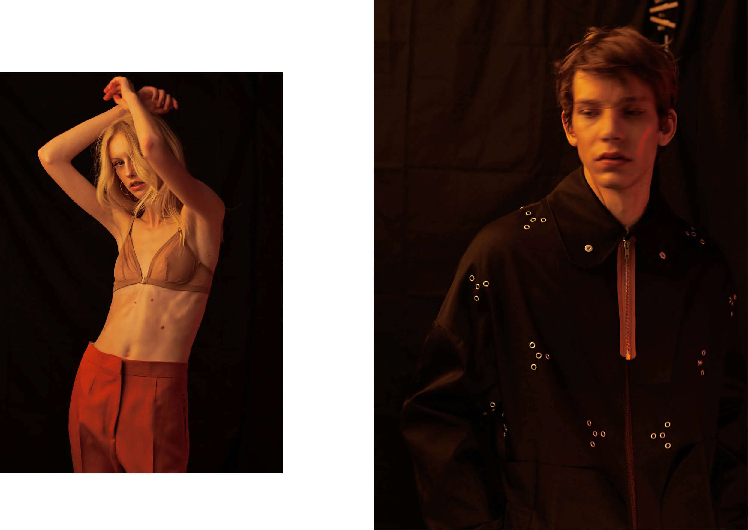 Left bra by ERES, pants by PAUL SMITH, earrings & ring by WOUTERS & HENDRIX Right coat by RAF SIMONS 