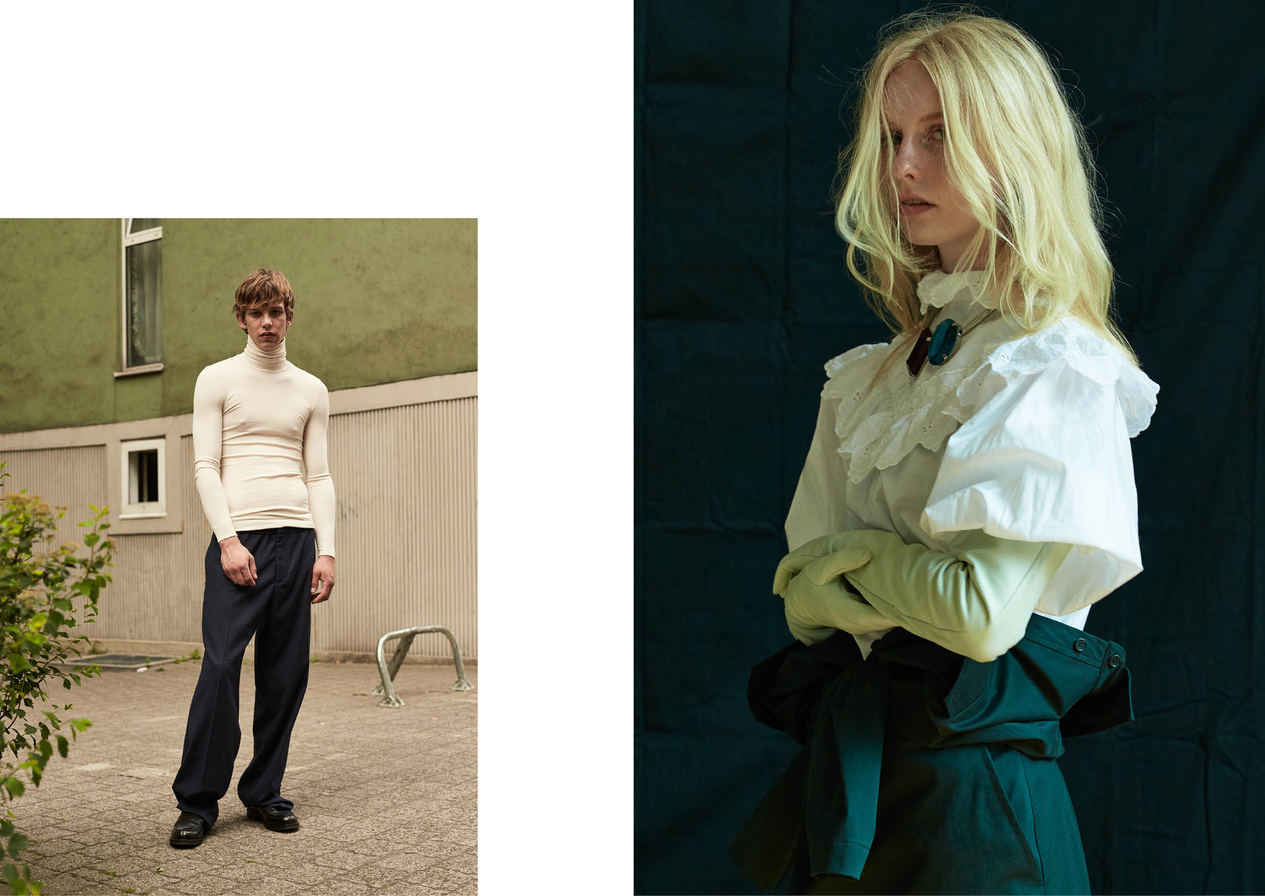 Left turtleneck by WEEKDAY, pants COS & shoes by DR MARTENS Right necklace by DRIES VAN NOTEN, shirt stylist's own, gloves by CHRISTIAN WIJNANTS & dress by RUE BLANCHE