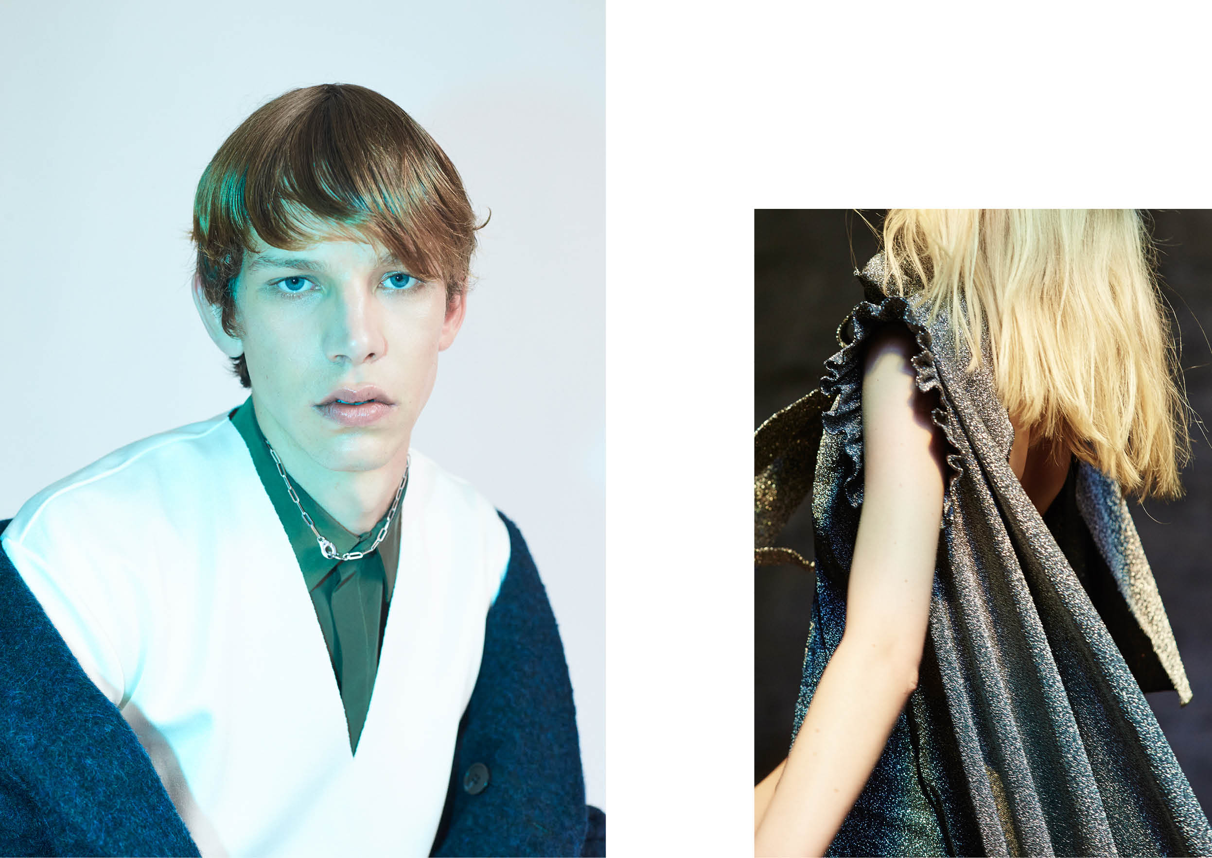 Left necklace by DINH VAN, coat by COS, top by & OTHER STORIES, shirt by WEEKDAY & pants by COS Right dress by VETEMENTS