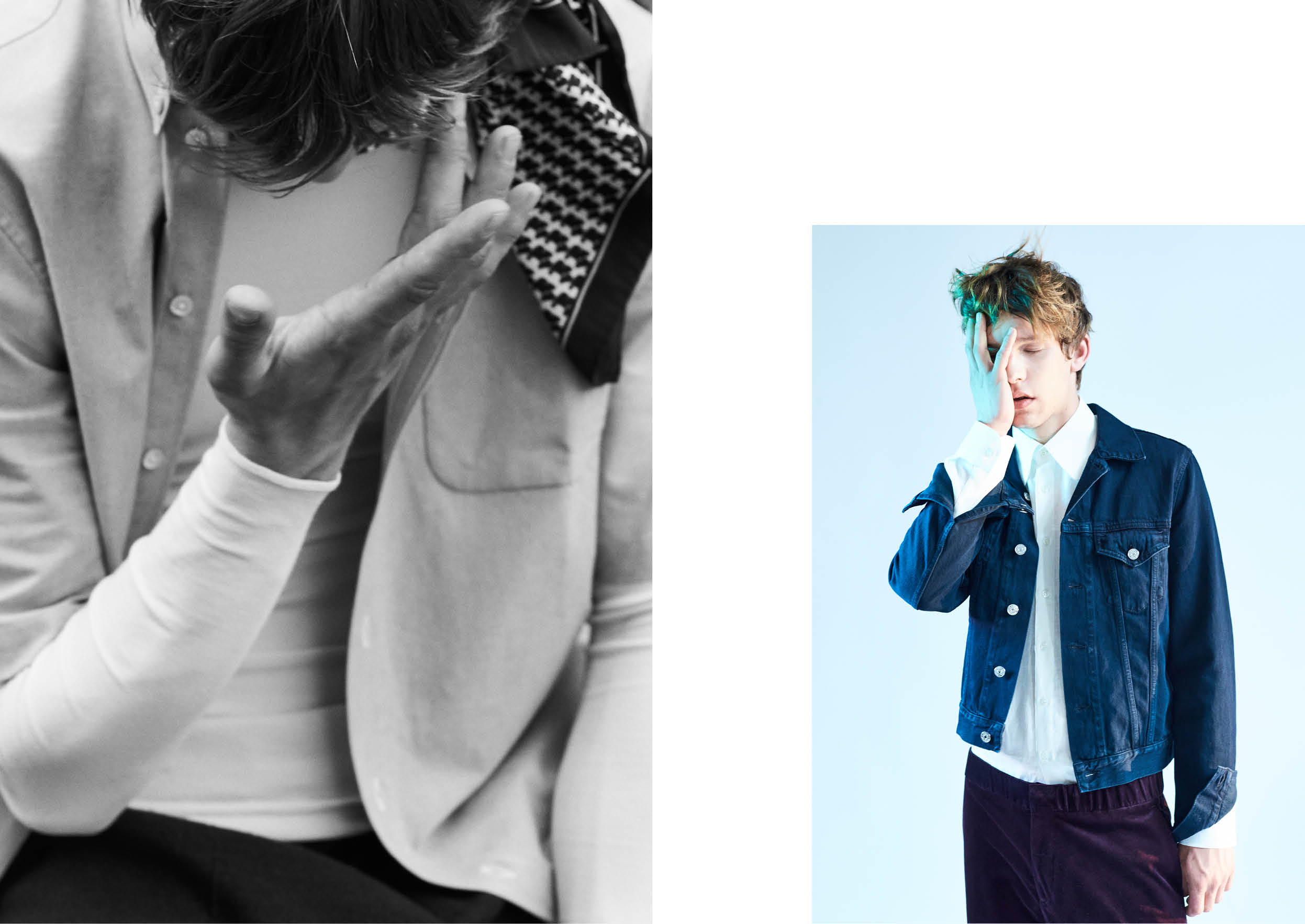 Left shirt by GIVENCHY, turtleneck by WEEKDAY, pants COS & scarf stylist's own Right jeans jacket by ACNE STUDIOS, shirt by WALTER VAN BEIRENDONCK & pants by COS