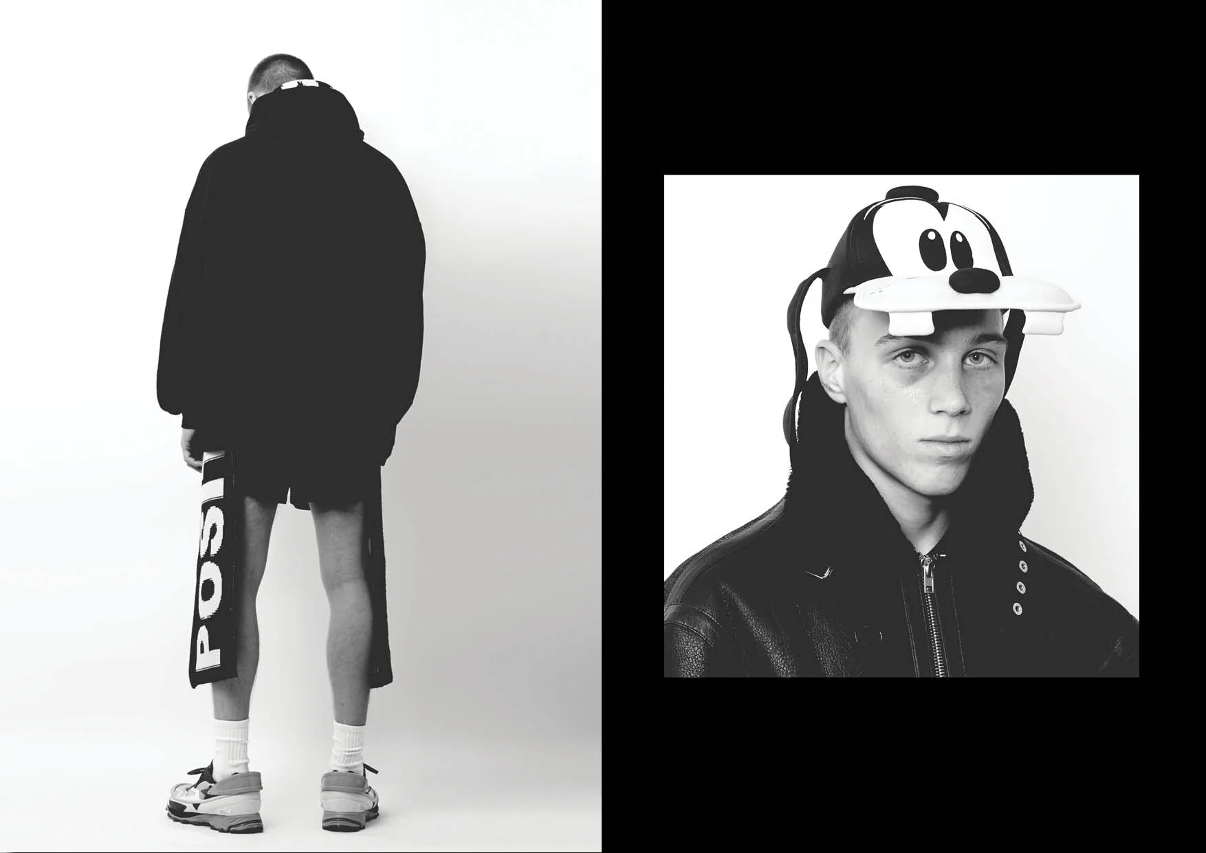 Left / Sweatshirt Trasher , shorts Adidas / scarf Etudes and sneakers Raf simons x adidas Right / Jacket Vetements and cap Disney