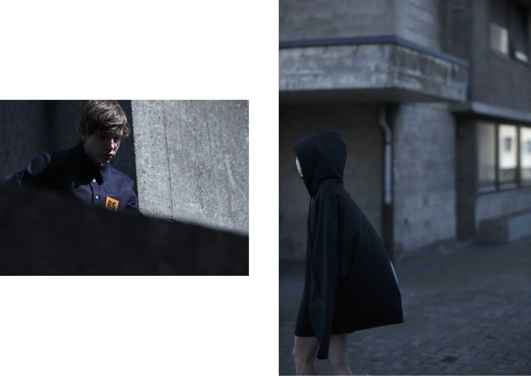Left / François wears denim shirt by RAF SIMONS Right / Klaudia wears oversized hoodie by RAF SIMONS