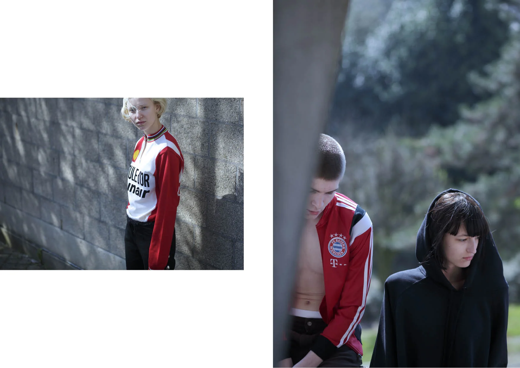 Left / Alisa wears cycling vest by MAGLIAMO & jeans by MARQUES ALMEIDA Right / Thibaut wears track vest by model's own and trousers by WRANGLER & Klaudia wears oversized hoodie by RAF SIMONS